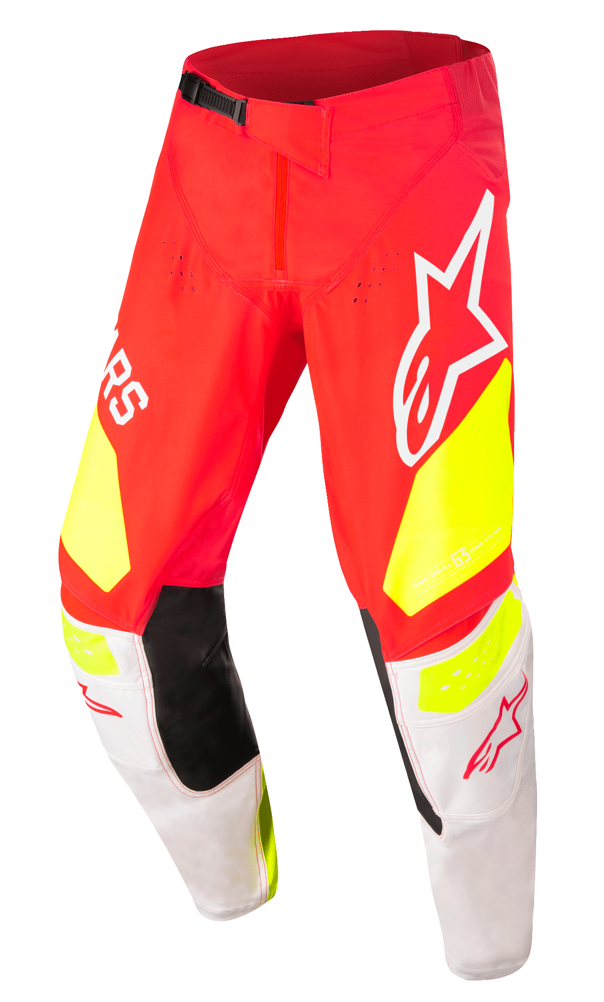 Alpinestars Techstar Factory bukser, motocross racerbukser, rød med fluorescerende gule og hvide detaljer, sorte indvendige knæpaneler, store Alpinestars-logoer, perforerede ventilationshuller og sort justerbart taljespænde.