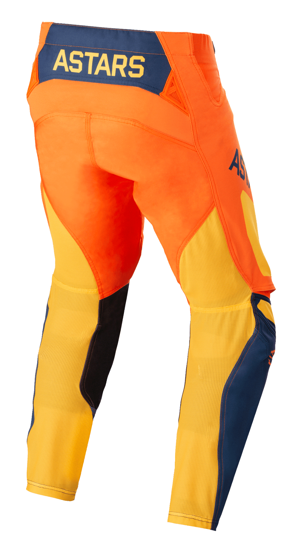 Alpinestars Techstar Factory bukser, motocross bukser, orange, mørkeblå og varm gul, set bagfra med gult ASTARS-logo på et mørkeblåt rygpanel, orange hoveddel med åndbart gult mesh på underbenene og blå detaljer