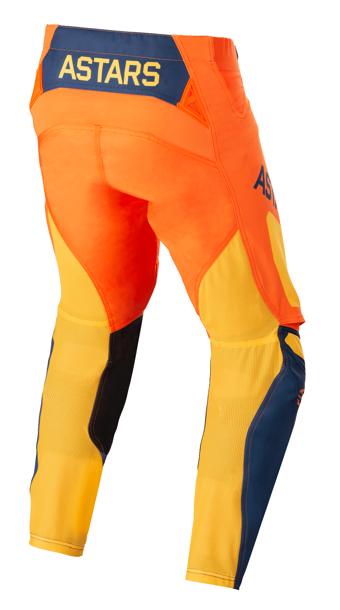 Alpinestars Techstar Factory bukser, motocross bukser, orange, mørkeblå og varm gul, set bagfra med gult ASTARS-logo på et mørkeblåt rygpanel, orange hoveddel med åndbart gult mesh på underbenene og blå detaljer