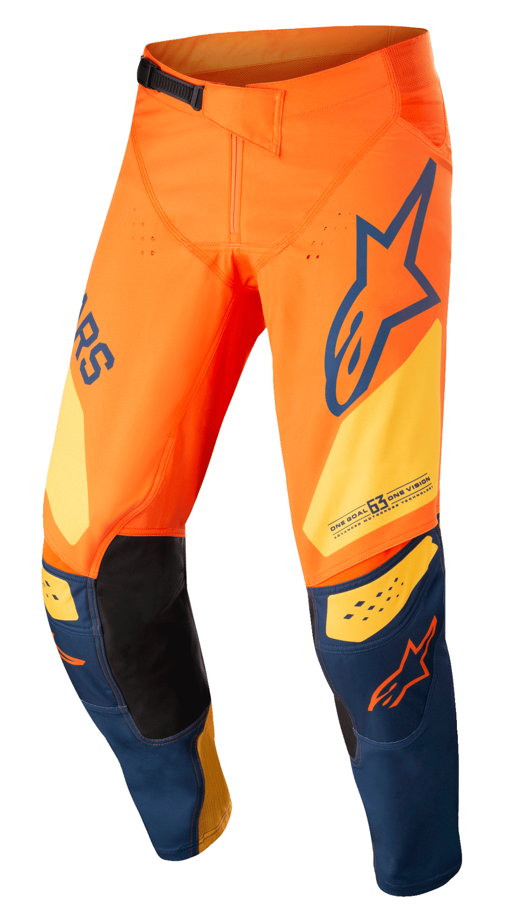 Alpinestars Techstar Factory bukser, motocross-bukser, orange og mørkeblå med varm gul, markant branding, 3D Babel-knækonstruktion med indvendige lapper i sort læder, justerbart skraldesystem i taljen til off-road racing