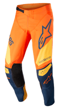 Alpinestars Techstar Factory bukser, motocross-bukser, orange og mørkeblå med varm gul, markant branding, 3D Babel-knækonstruktion med indvendige lapper i sort læder, justerbart skraldesystem i taljen til off-road racing