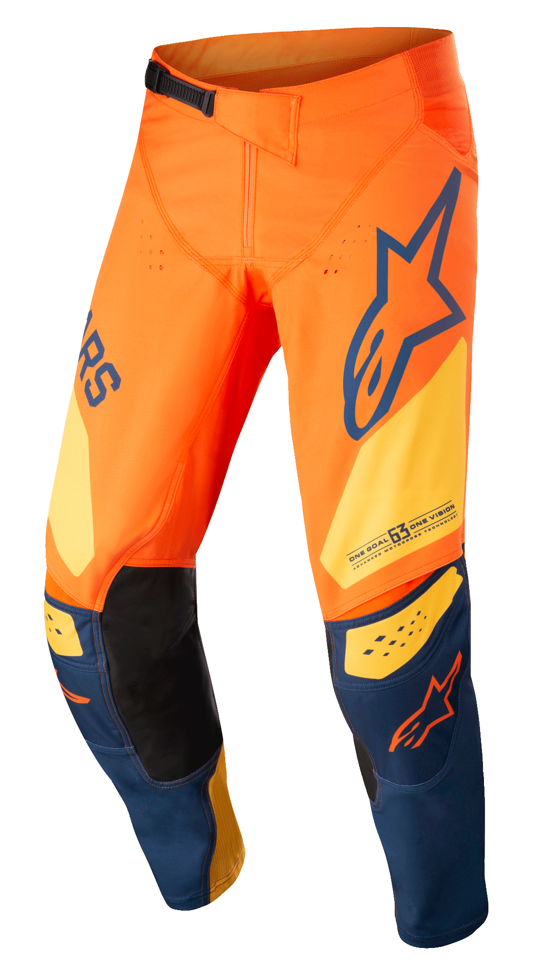 Alpinestars Techstar Factory bukser, motocross-bukser, orange og mørkeblå med varm gul, markant branding, 3D Babel-knækonstruktion med indvendige lapper i sort læder, justerbart skraldesystem i taljen til off-road racing
