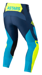 Alpinestars Techstar Factory bukser, motocrossbukser, mørkeblå, gul fluo og lys blå neo, set bagfra med 'ASTARS'-branding på taljen, perforerede mesh-paneler for ventilation, sorte indvendige lapper på benene og en forformet race-pasform til off-road-performance.