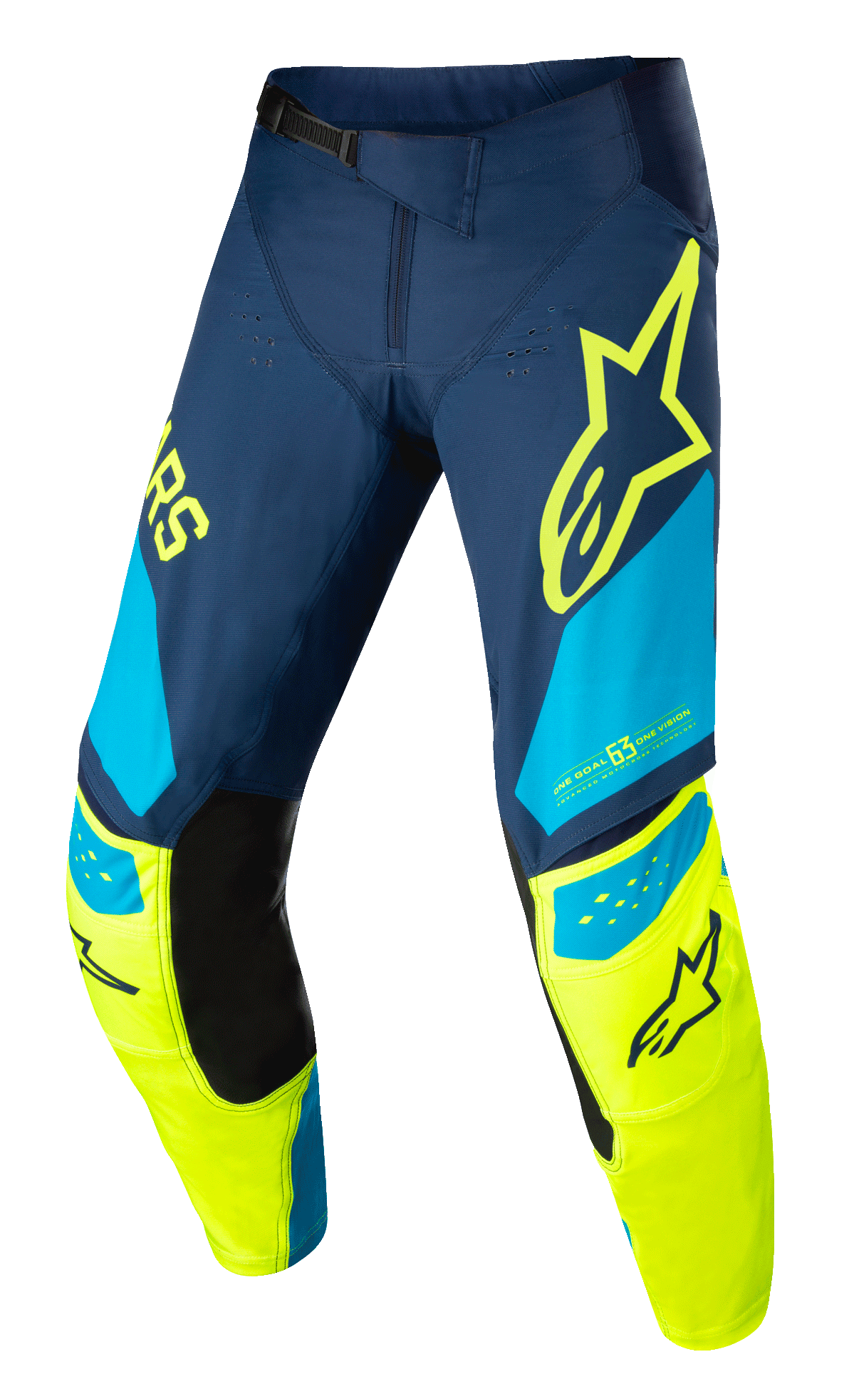 Alpinestars Techstar Factory bukser, motocross racingbukser, mørkeblå, neongul og lyseblå, med sorte indvendige knæpaneler, gult stjernelogo på låret, "ONE GOAL ONE VISION" branding og perforerede ventilationszoner til off-road udstyr