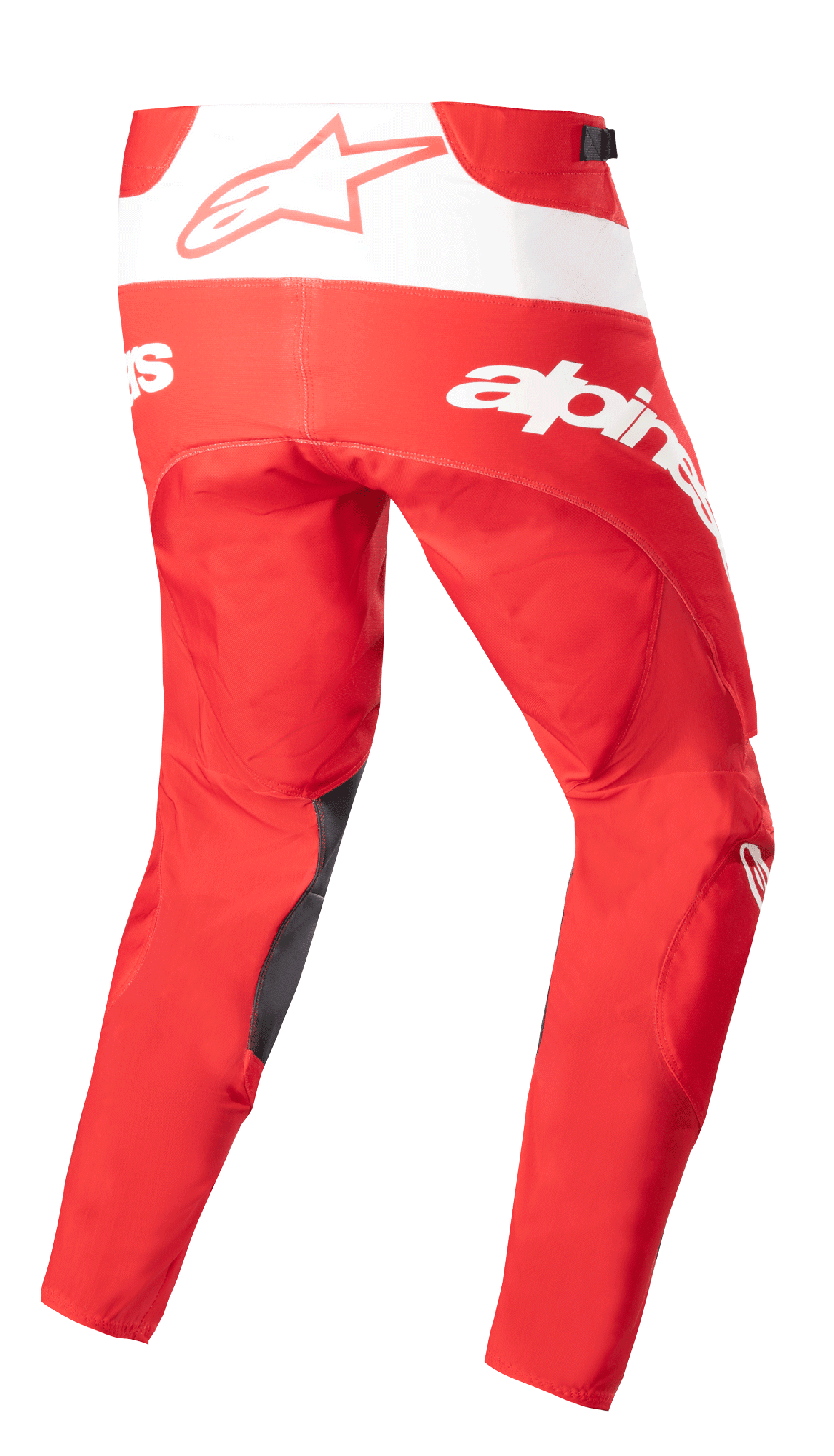 Alpinestars 2023 Techstar Arch Pants, Motocross Pants, Mars Red and White, rear view featuring bold white branding and star logo, dark inner leg reinforcements, technical design for off-road performance