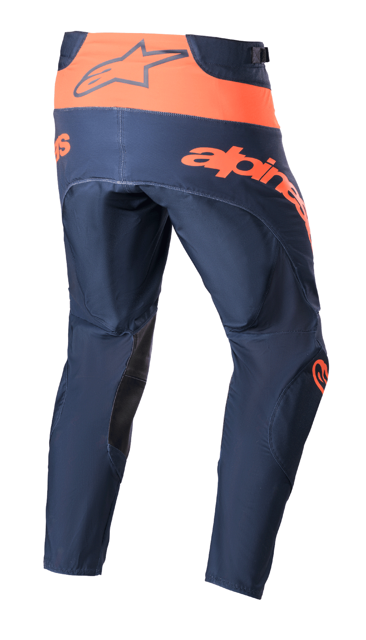 Alpinestars 2023 Techstar Arch bukser, motocrossbukser, mørkeblå og orange, set bagfra med orange linning med Alpinestars-logo, stor orange tekst over bagen og sorte forstærkninger på indersiden af benene