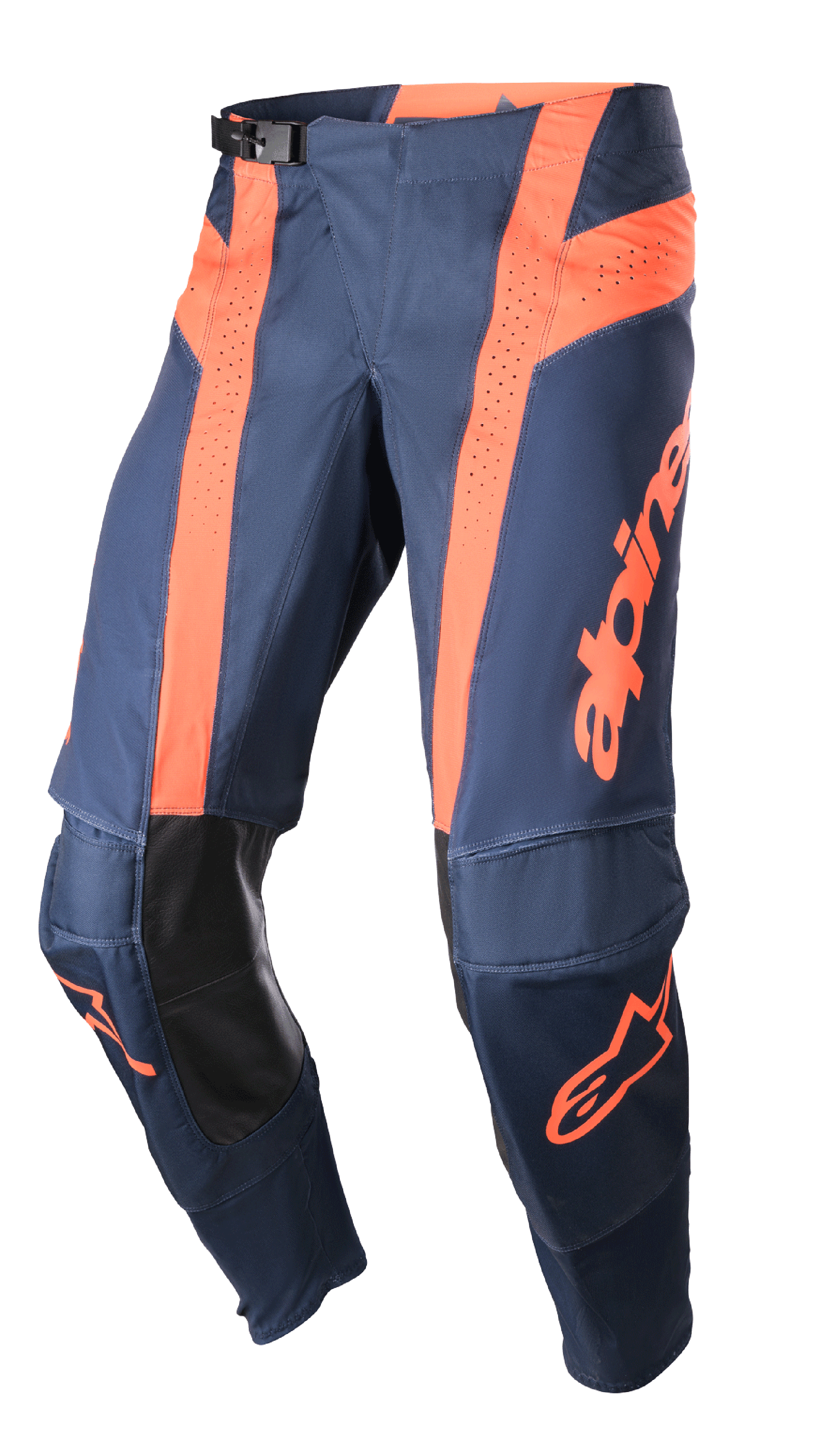 Alpinestars 2023 Techstar Arch bukser, motocrossbukser, mørkeblå og orange, perforerede ventilationspaneler, indvendig knæbeskyttelse i sort læder, justerbart taljespænde, performance-designet off-road udstyr