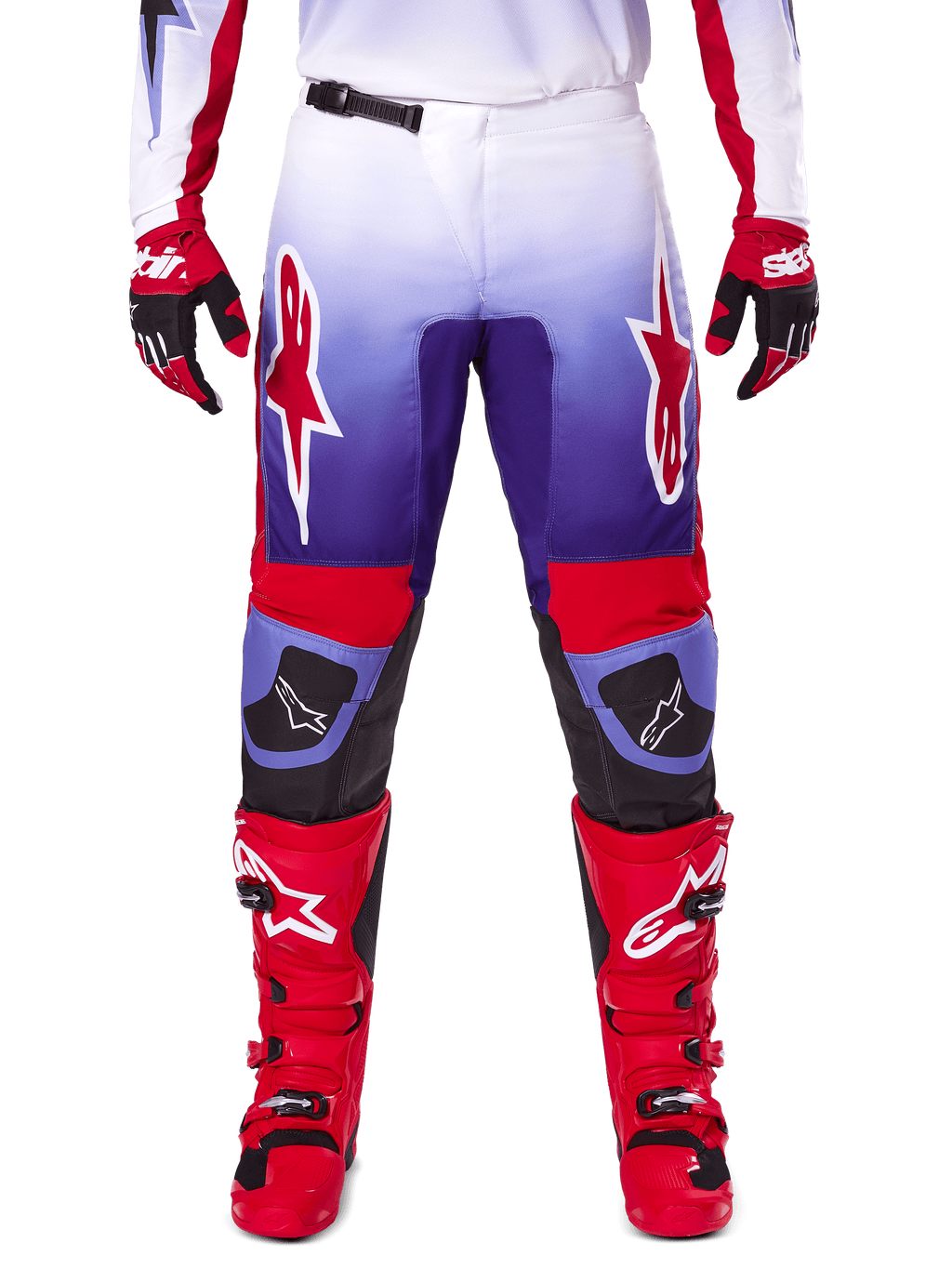 Alpinestars 2025 Fluid Wurx Pants, Motocross Pants, Purple and Bright Red, worn with matching red boots and gloves, featuring white logos on the thighs and black knee reinforcements, performance gear for off-road riding