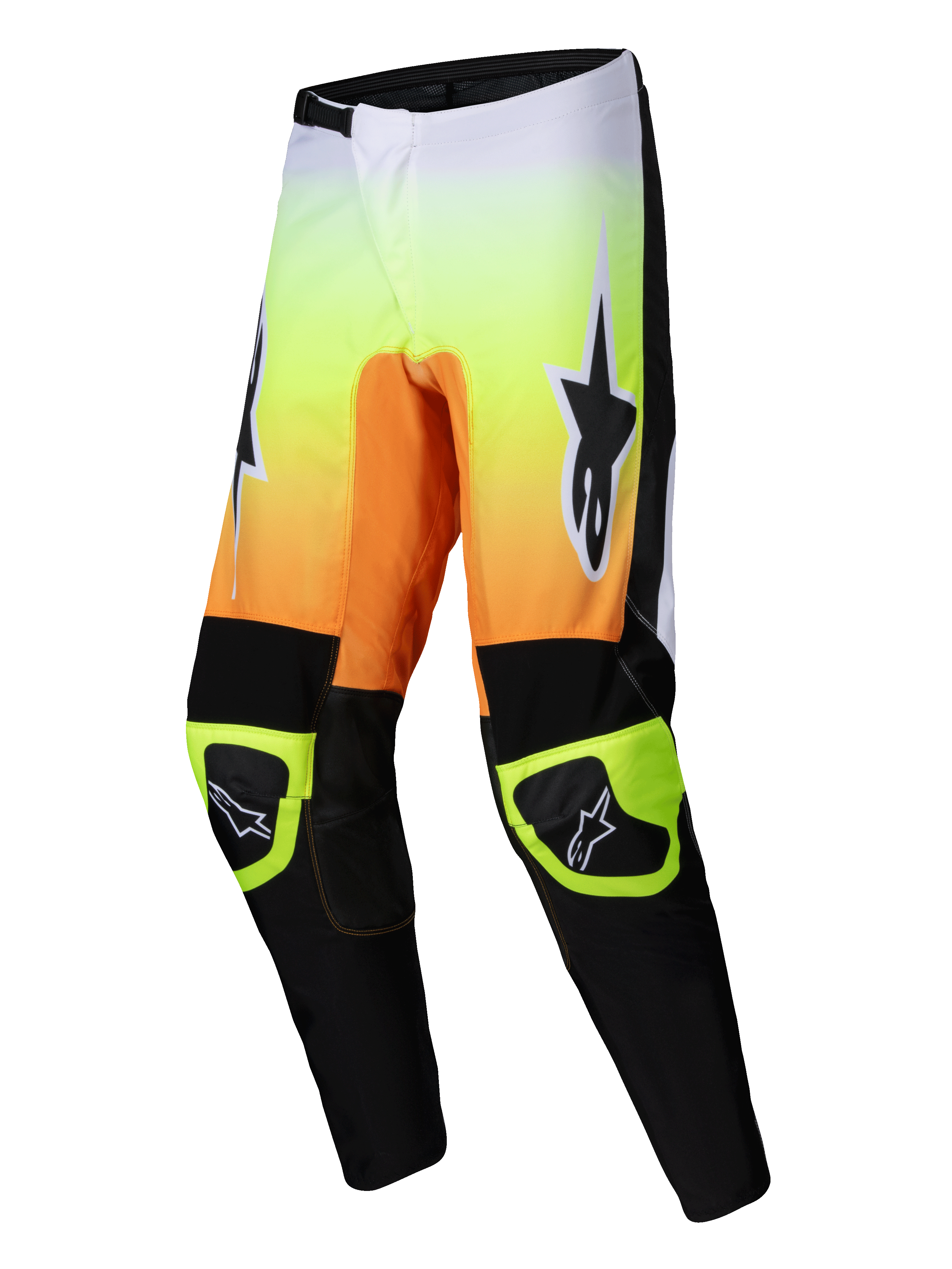 Alpinestars 2025 Fluid Wurx bukser, herre motocross off-road bukser, gul, orange og sort, let 600D polyfabric-konstruktion med forbøjede ben og syntetisk læderforstærkede knæ