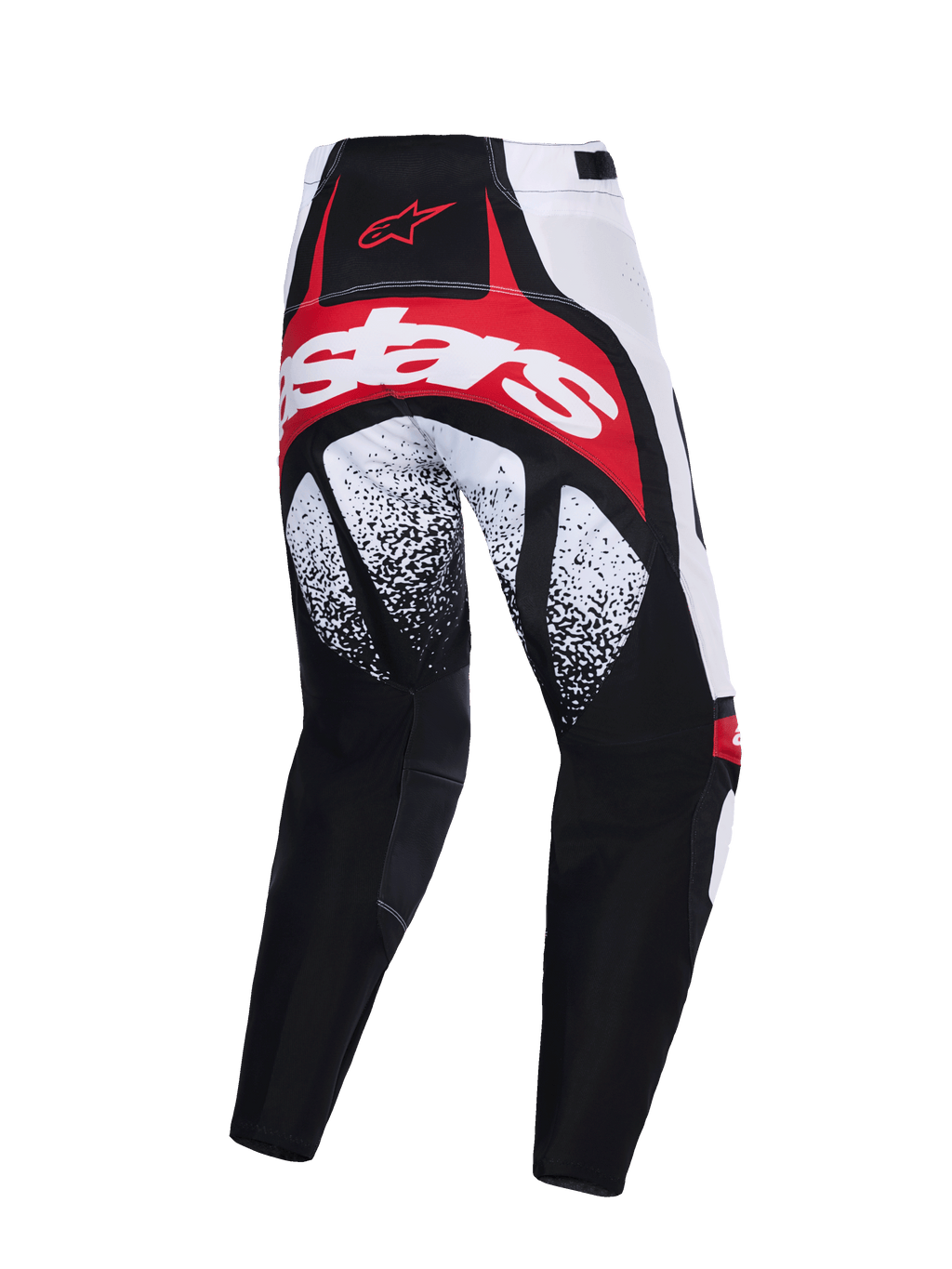 Alpinestars 2026 Techstar Nomur bukser, motocrossbukser, sort hvid og rød, set bagfra med markant rød og hvid branding over sædet, sort-hvidspættede mønstre på lårene og multi-panel performance-konstruktion
