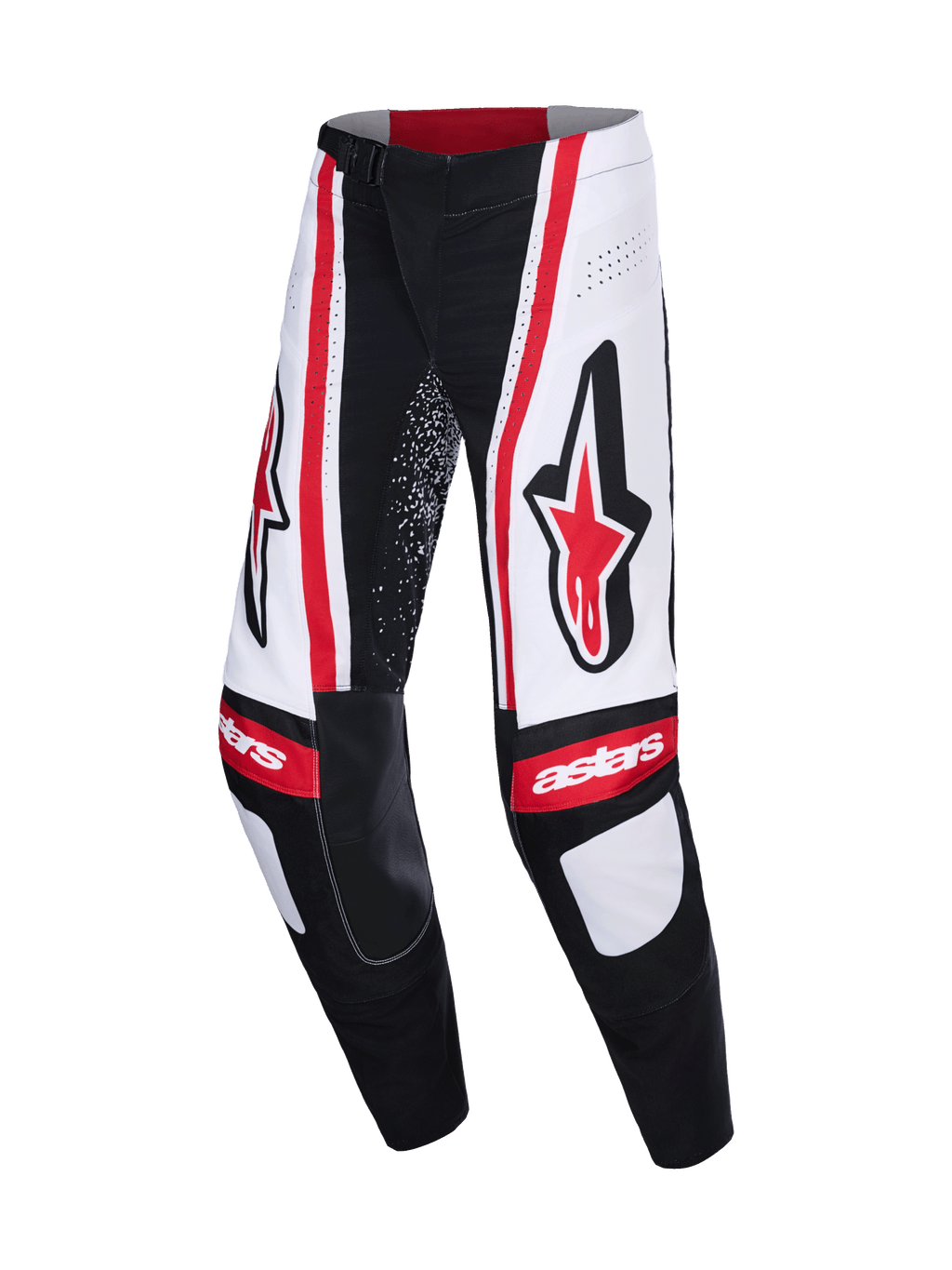Alpinestars 2026 Techstar Nomur bukser, motocross-bukser, sort, hvid og rød, med store røde Astars-logoer på lårene, hvide paneler med lodrette røde striber og "astars"-branding på knæene.