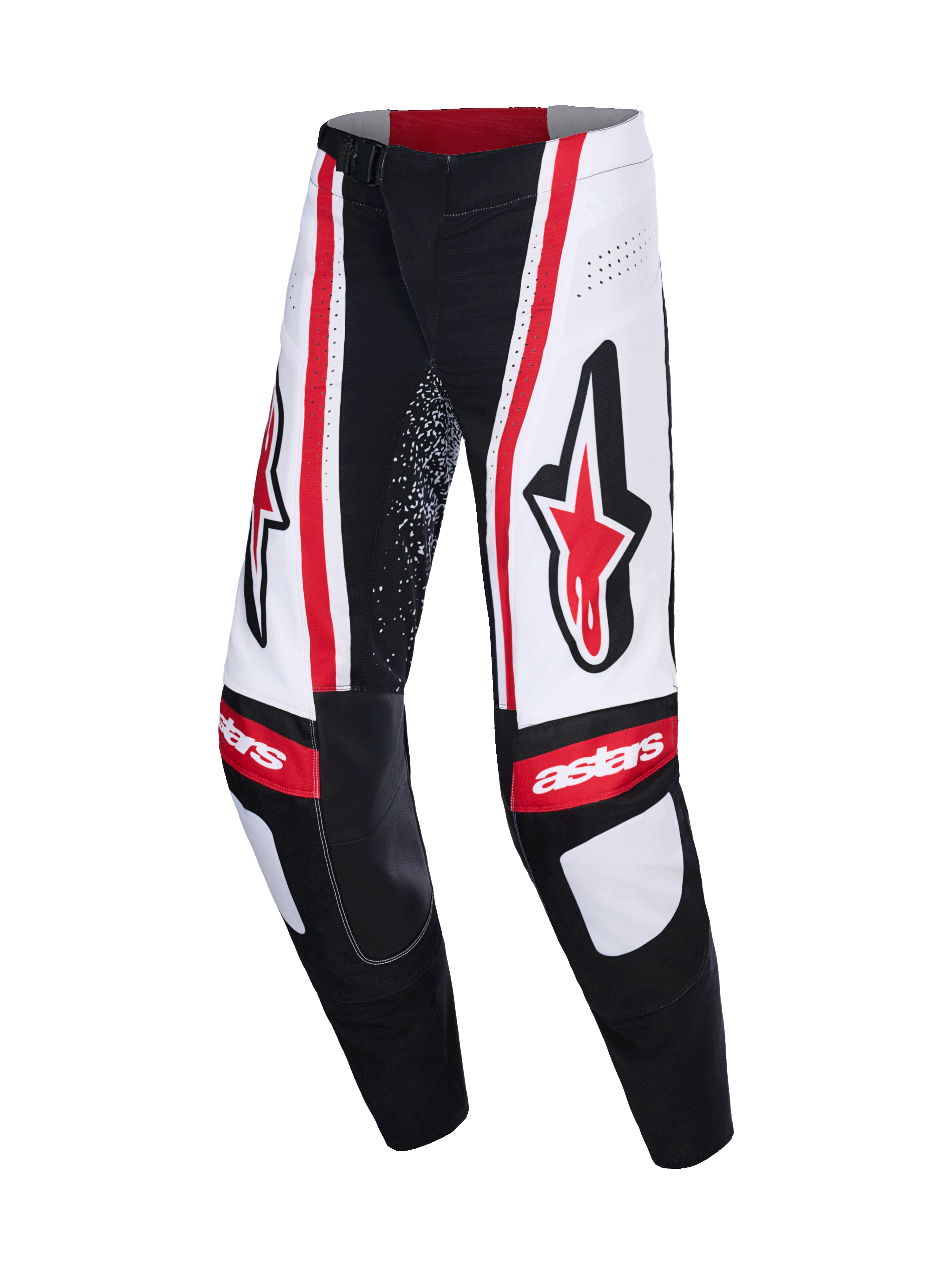 Alpinestars 2026 Techstar Nomur bukser, motocross-bukser, sort, hvid og rød, med store røde Astars-logoer på lårene, hvide paneler med lodrette røde striber og "astars"-branding på knæene.