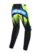 Alpinestars 2026 Techstar Nomur bukser, motocross-bukser, mørkeblå, fluorescerende gul og UCLA-blå, set bagfra med stort 'astars'-branding på sædet, fluorescerende gule paneler med sort spættet grafik og slidstærke mørke paneler til off-road racing.