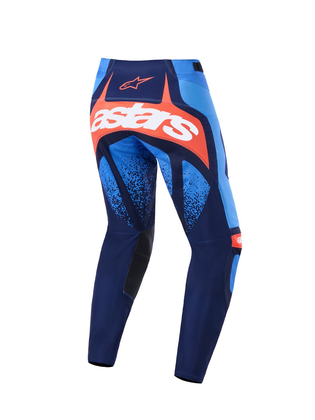 Alpinestars 2026 Techstar Nomur bukser, motocross-bukser, mørkeblå, orange og UCLA-blå, set bagfra med et markant hvidt astars-logo på et orange panel, multi-panel design med lyseblå detaljer, sorte indvendige knæpaneler, slidstærkt udstyr til off-road racing.