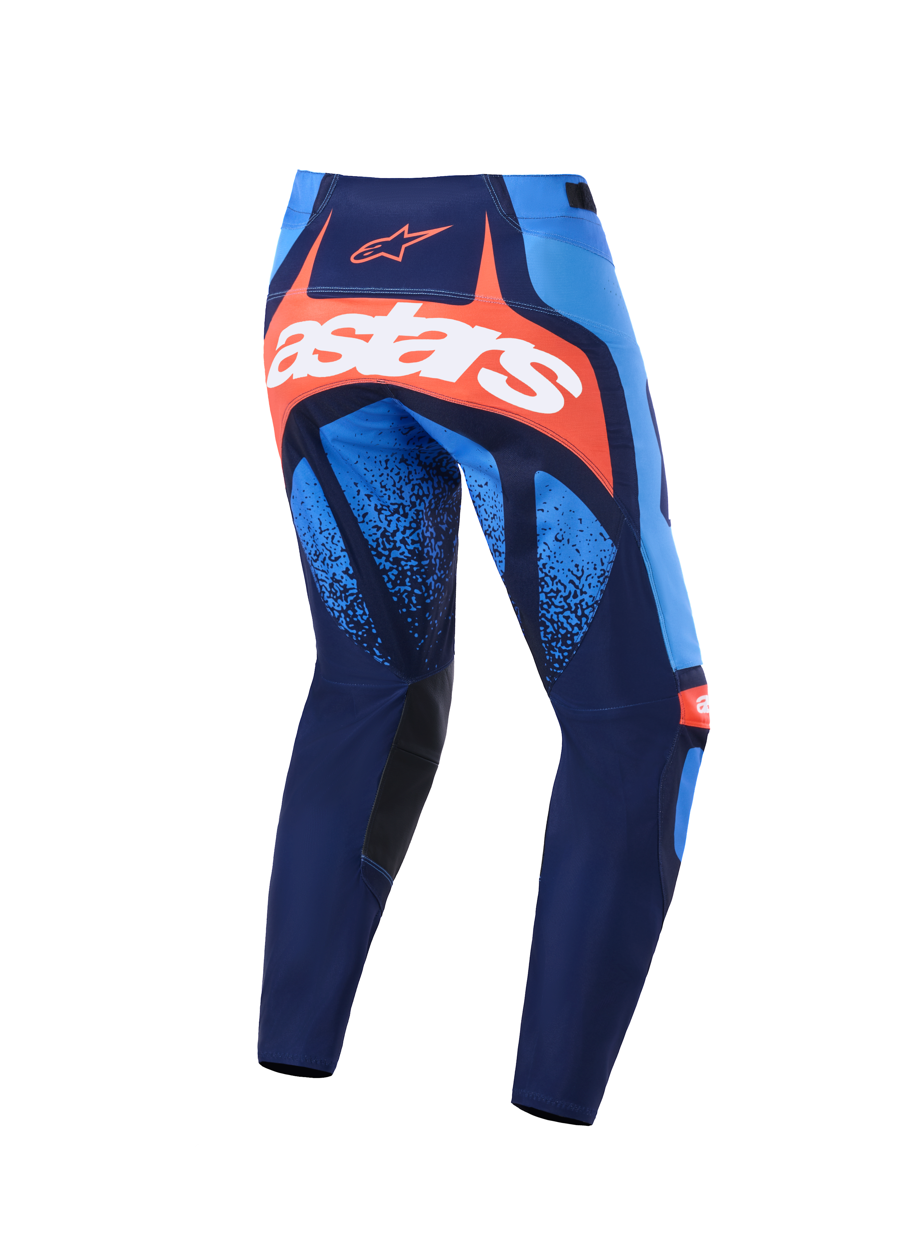 Alpinestars 2026 Techstar Nomur bukser, motocross-bukser, mørkeblå, orange og UCLA-blå, set bagfra med et markant hvidt astars-logo på et orange panel, multi-panel design med lyseblå detaljer, sorte indvendige knæpaneler, slidstærkt udstyr til off-road racing.