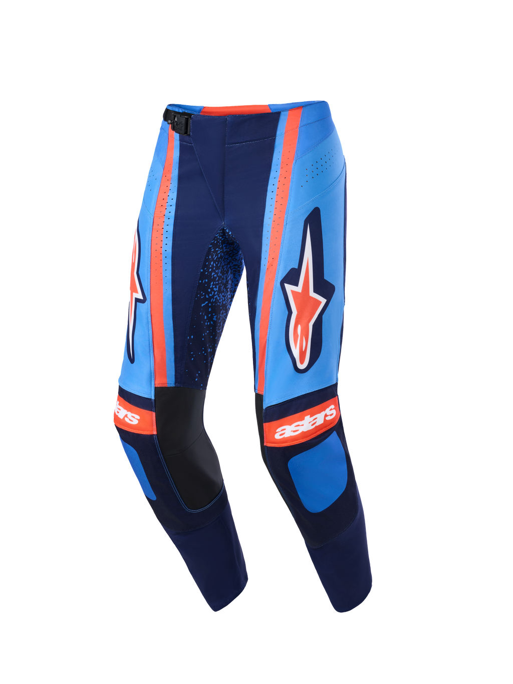 Alpinestars 2026 Techstar Nomur bukser, motocross-bukser, mørkeblå, orange og UCLA blå, med markant Alpinestars-branding på lårene, 'astars'-logo på knæene, magnetisk taljespænde og laserskårne perforationer for luftgennemstrømning, højtydende off-road udstyr