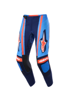 Alpinestars 2026 Techstar Nomur bukser, motocross-bukser, mørkeblå, orange og UCLA blå, med markant Alpinestars-branding på lårene, 'astars'-logo på knæene, magnetisk taljespænde og laserskårne perforationer for luftgennemstrømning, højtydende off-road udstyr