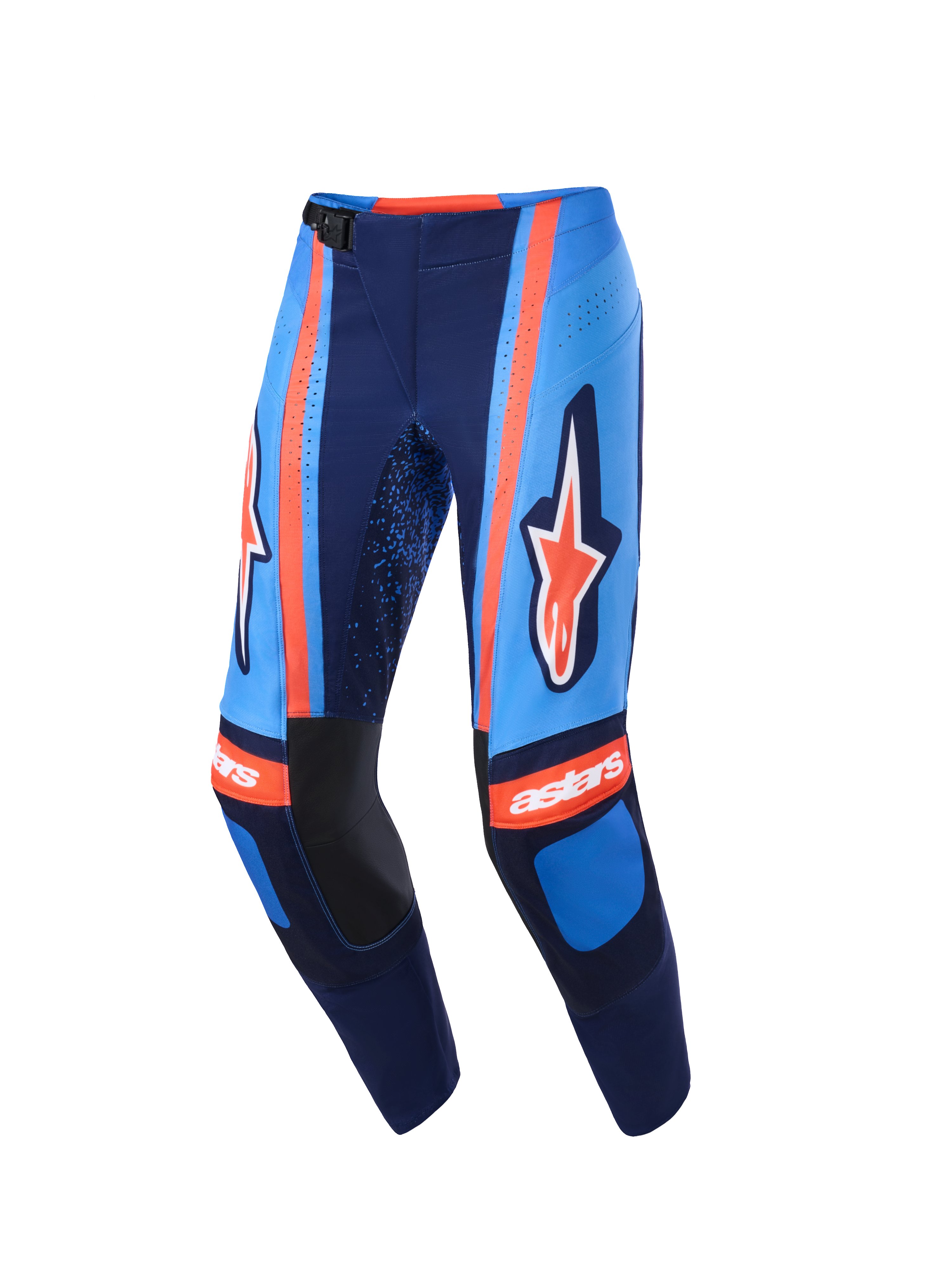 Alpinestars 2026 Techstar Nomur bukser, motocross-bukser, mørkeblå, orange og UCLA blå, med markant Alpinestars-branding på lårene, 'astars'-logo på knæene, magnetisk taljespænde og laserskårne perforationer for luftgennemstrømning, højtydende off-road udstyr