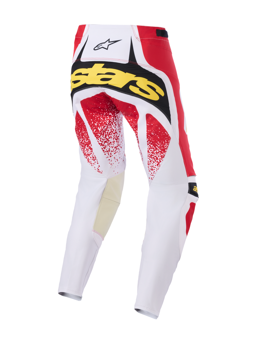 Alpinestars 2026 Techstar Nomur bukser, motocross-bukser, hvid, rød og sort, set bagfra med gul 'Stars'-branding og rød nistret grafik, holdbar multi-panel-konstruktion til off-road racing