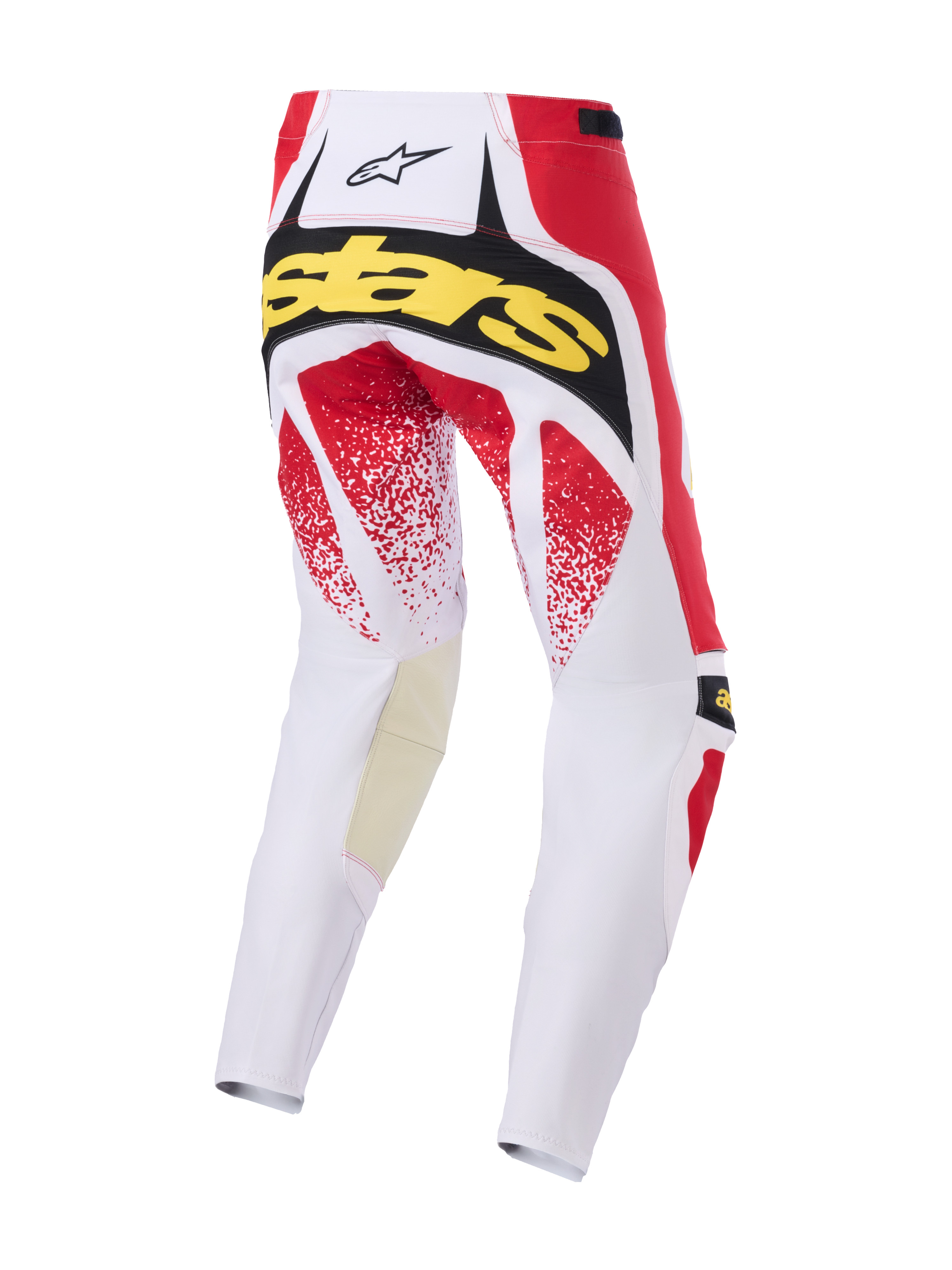 Alpinestars 2026 Techstar Nomur bukser, motocross-bukser, hvid, rød og sort, set bagfra med gul 'Stars'-branding og rød nistret grafik, holdbar multi-panel-konstruktion til off-road racing