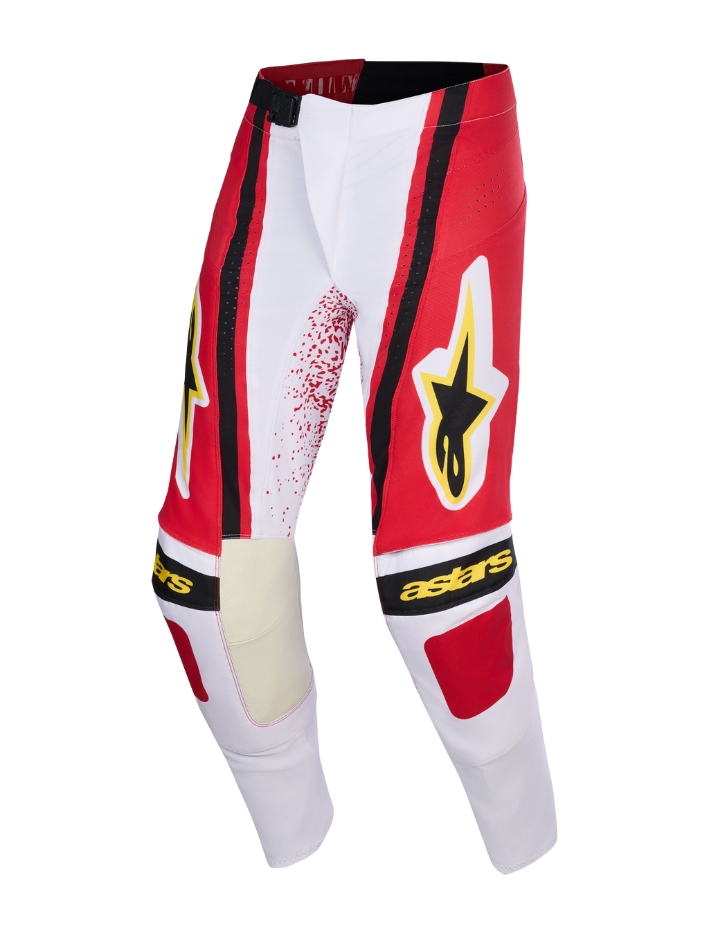 Alpinestars 2026 Techstar Nomur bukser, motocross-bukser, lysegrå, rød og sort, med gult Alpinestars stjerne-logo og tekst, forstærkede indvendige knæpaneler, atletisk race-fit design til off-road kørsel