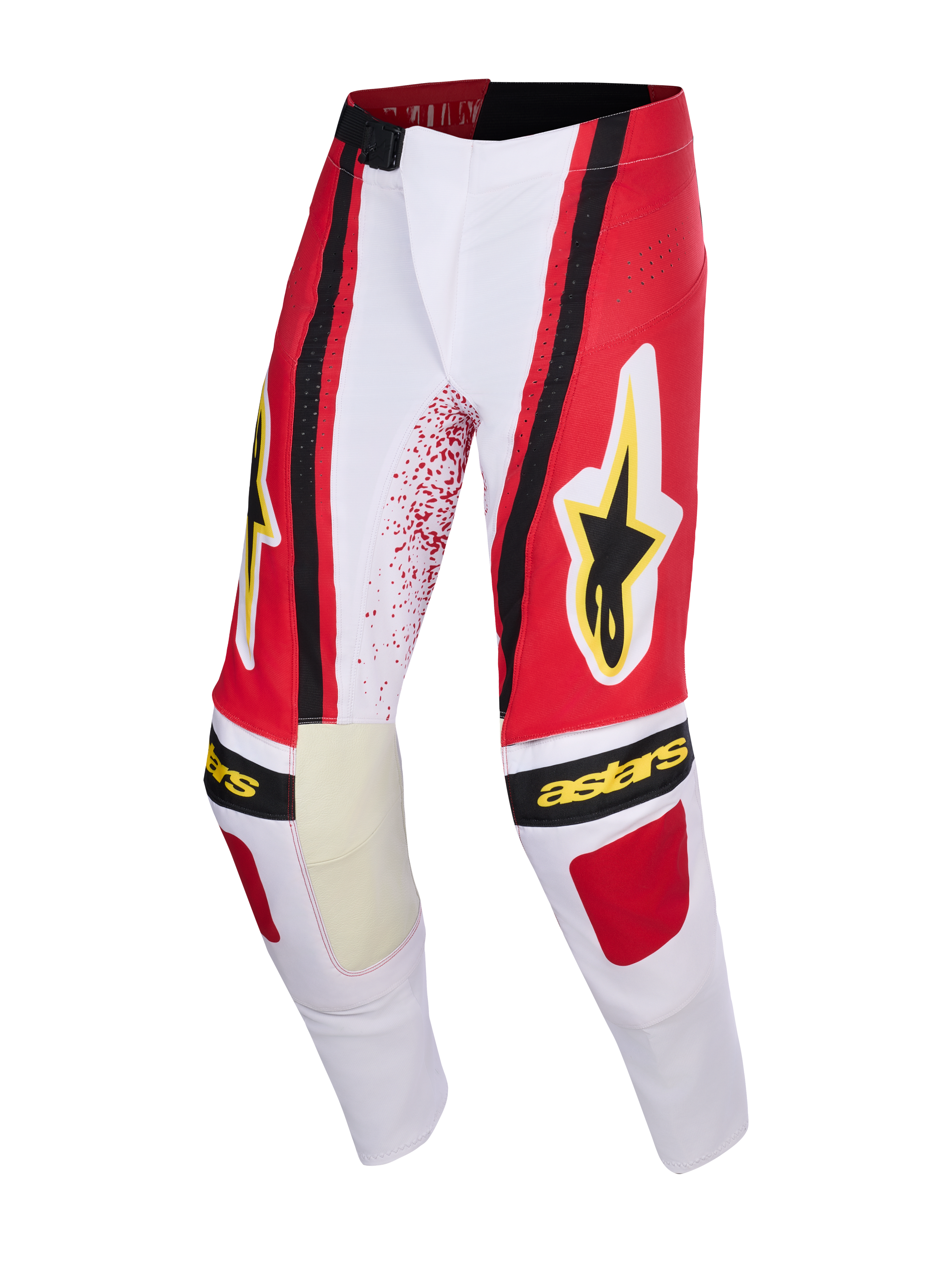 Alpinestars 2026 Techstar Nomur bukser, motocross-bukser, lysegrå, rød og sort, med gult Alpinestars stjerne-logo og tekst, forstærkede indvendige knæpaneler, atletisk race-fit design til off-road kørsel