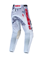 Alpinestars Racer Air Lone Pants, Men's Motocross Racing Pants in Gray Camo and White with Red accents, featuring breathable perforated polyfabric and pre-curved construction for off-road performance.