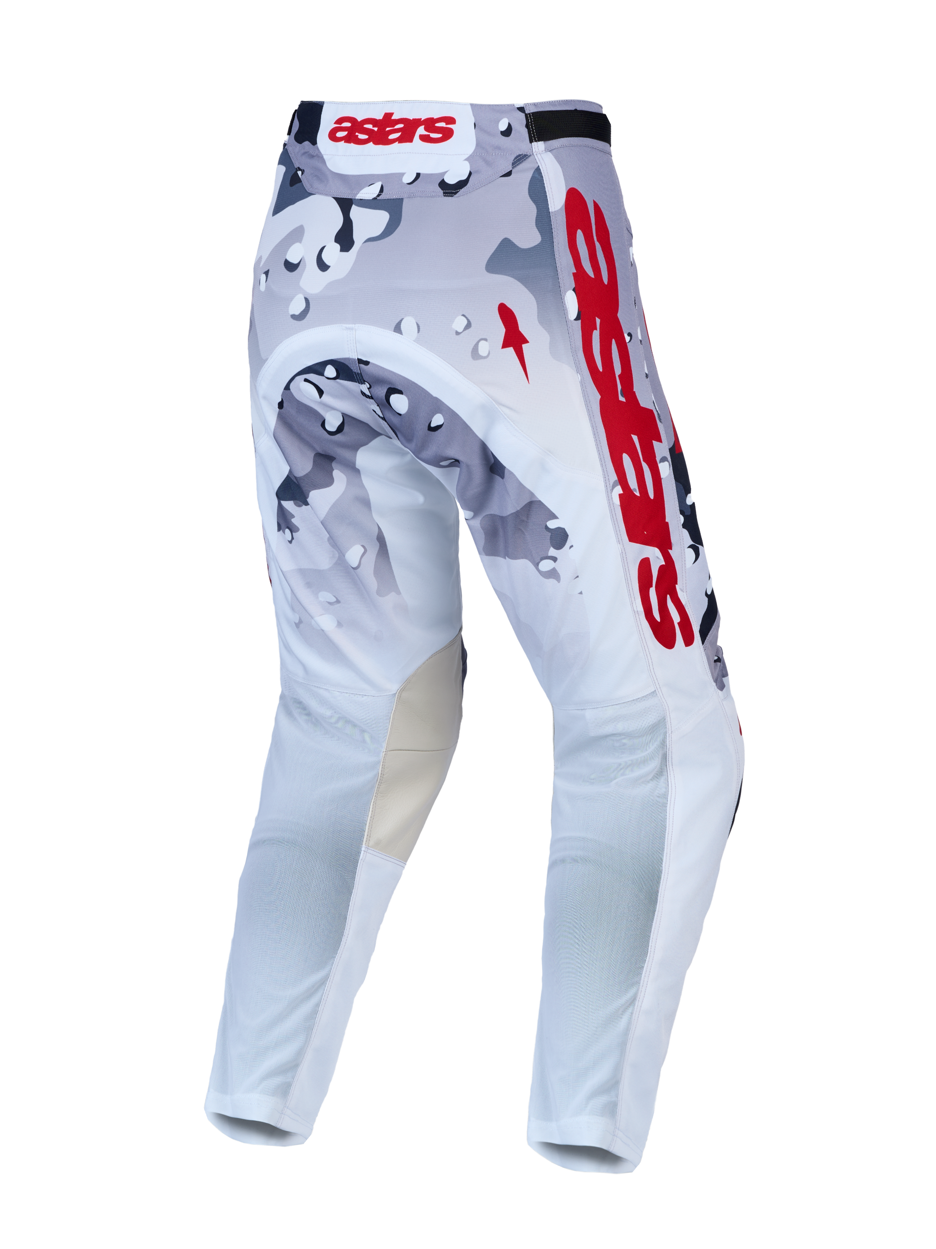 Alpinestars Racer Air Lone Pants, Men's Motocross Racing Pants in Gray Camo and White with Red accents, featuring breathable perforated polyfabric and pre-curved construction for off-road performance.