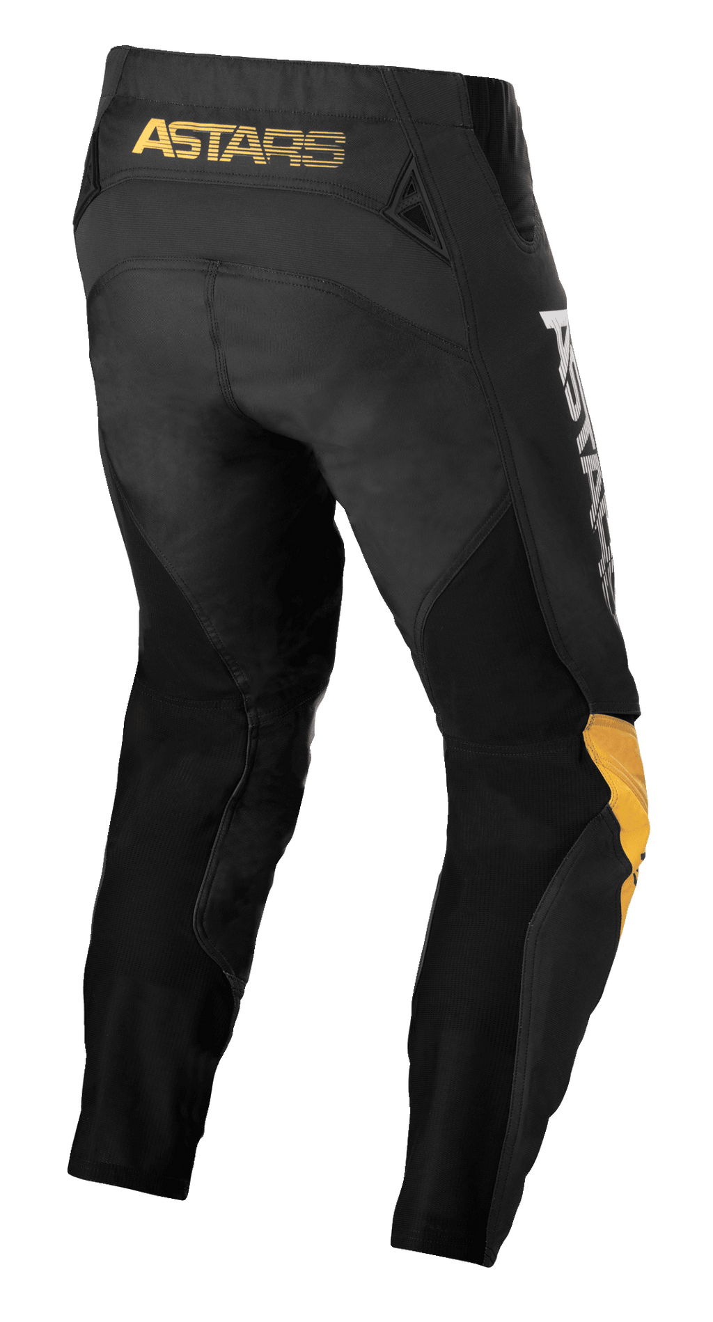 Alpinestars Techstar Quadro bukser, motocross-bukser, sort, gul og tangerine, set bagfra med gult 'ASTARS' branding på linningen, sorte mesh-indsatser for ventilation og ergonomiske gule og tangerine knæpaneler for off-road holdbarhed.