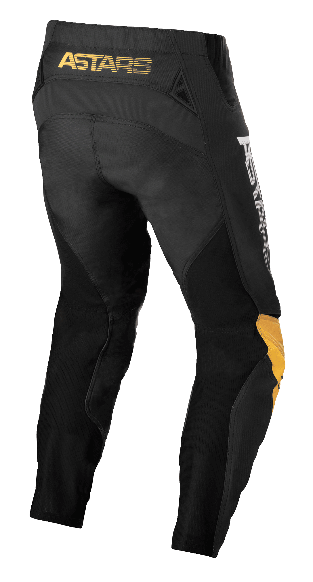 Alpinestars Techstar Quadro bukser, motocross-bukser, sort, gul og tangerine, set bagfra med gult 'ASTARS' branding på linningen, sorte mesh-indsatser for ventilation og ergonomiske gule og tangerine knæpaneler for off-road holdbarhed.