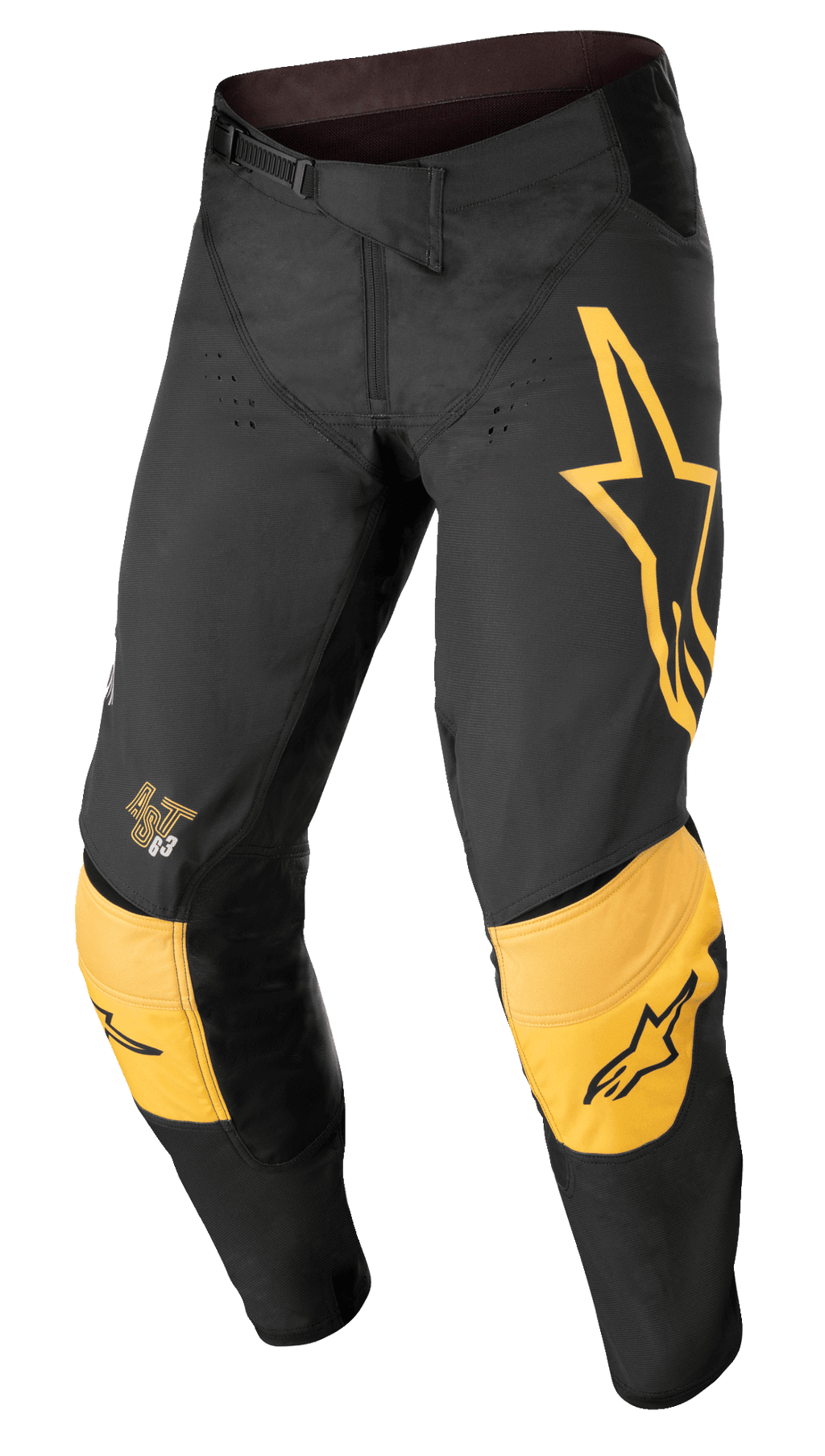 Alpinestars Techstar Quadro bukser, motocross off-road bukser, sort og gul med tangerine-detaljer, med et stort gult stjernelogo på venstre lår, forstærket gul knæbeskyttelse med sorte logoer, ventilationshuller og en sikker skraldelukning i taljen for en højtydende race-pasform