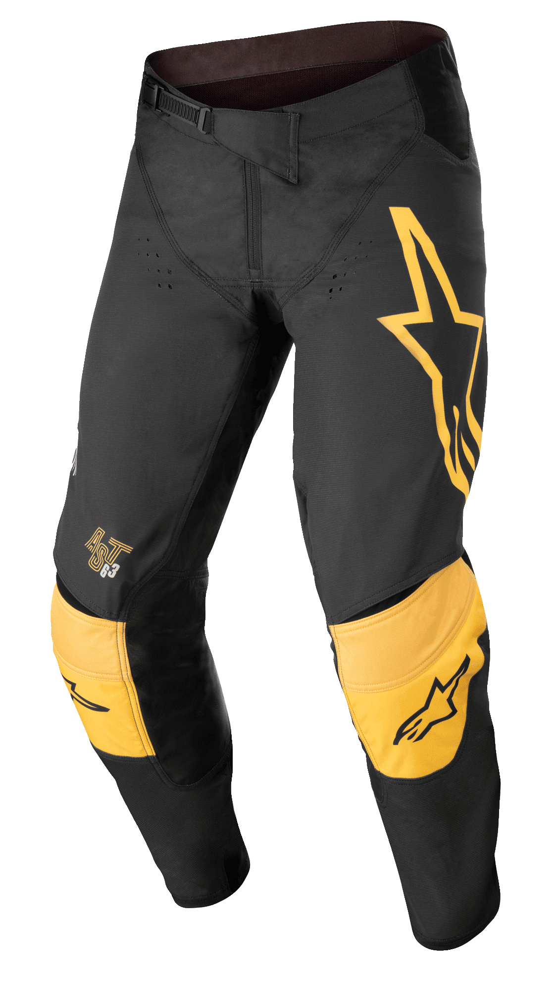 Alpinestars Techstar Quadro Pants, Motocross Off-Road Pants, Black and Yellow with Tangerine accents, featuring a large yellow star logo on the left thigh, reinforced yellow knee padding with black logos, ventilation holes, and a secure ratchet waist closure for a high-performance race fit.