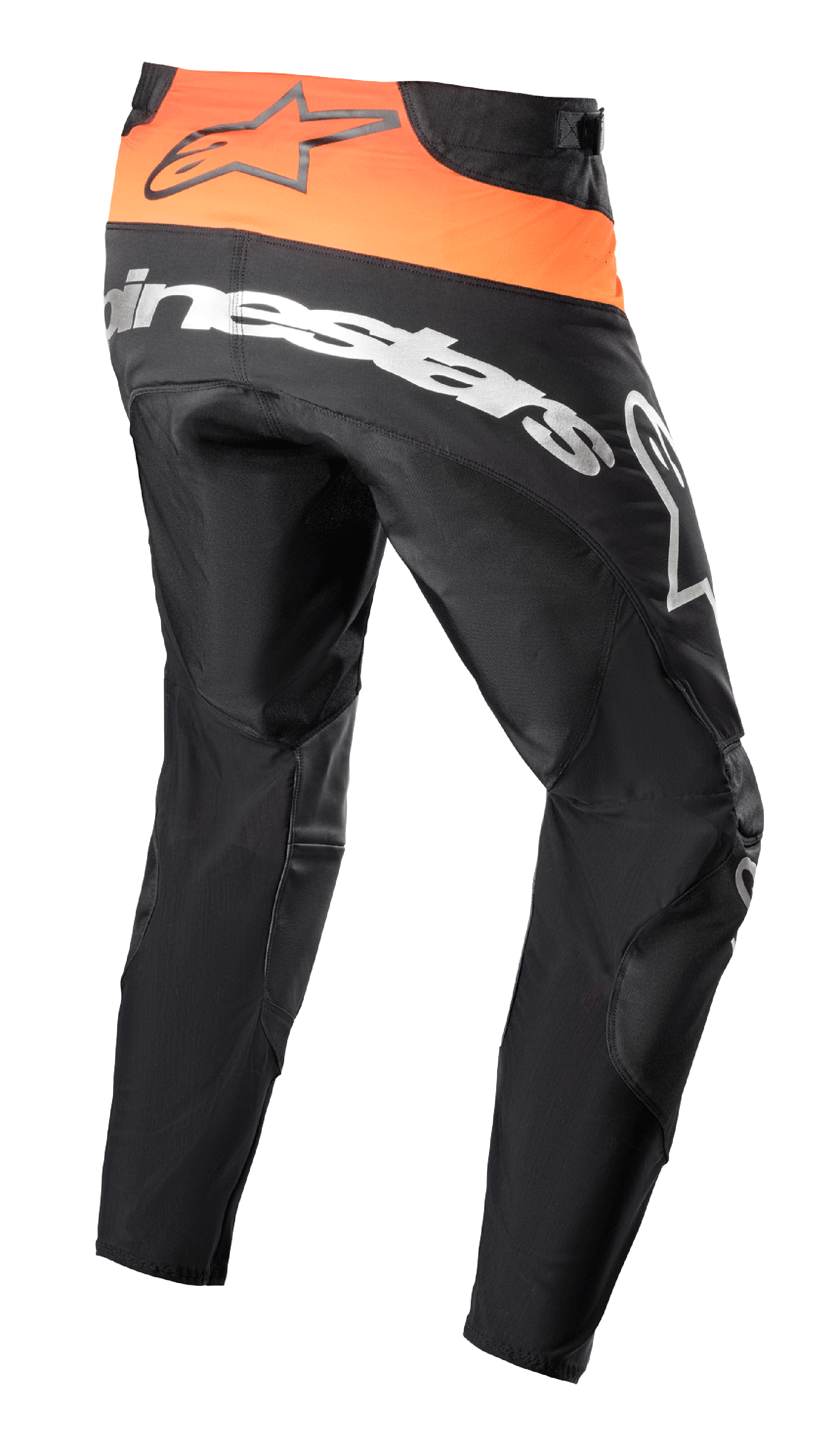 Alpinestars 2023 Techstar Sein bukser, motocross-bukser, sort og Hot Orange, set bagfra med stærkt orange taljepanel og sort logo, stort hvidt Alpinestars-branding over bagen, forstærket tekstilkonstruktion til off-road racing