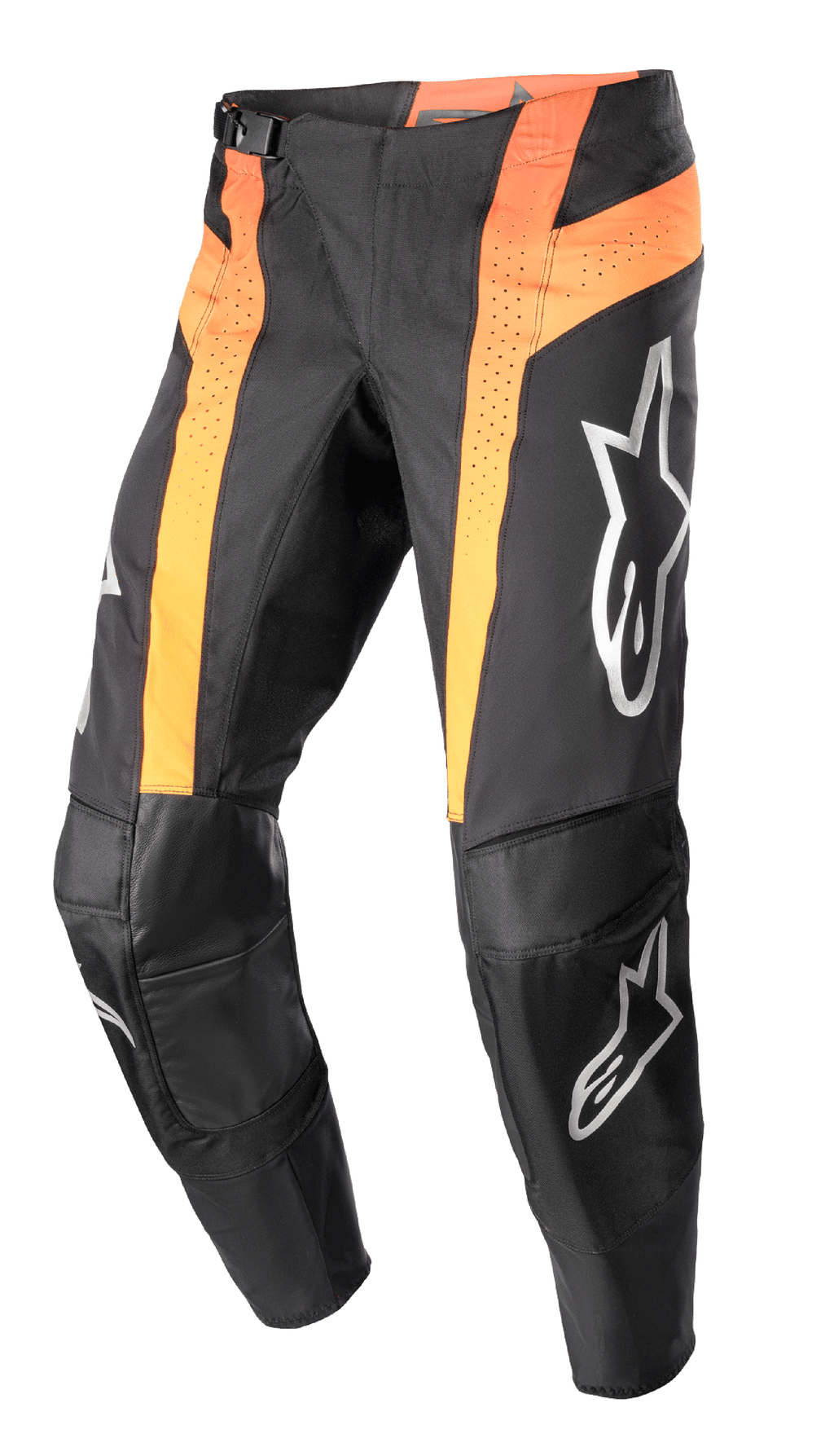 Alpinestars 2023 Techstar Sein bukser, motocross-bukser, sort og Hot Orange, med vertikale orange paneler med perforeret ventilation, forstærkede knæområder i læder, sølvlogoer på lår og skinneben samt et race-fit design.