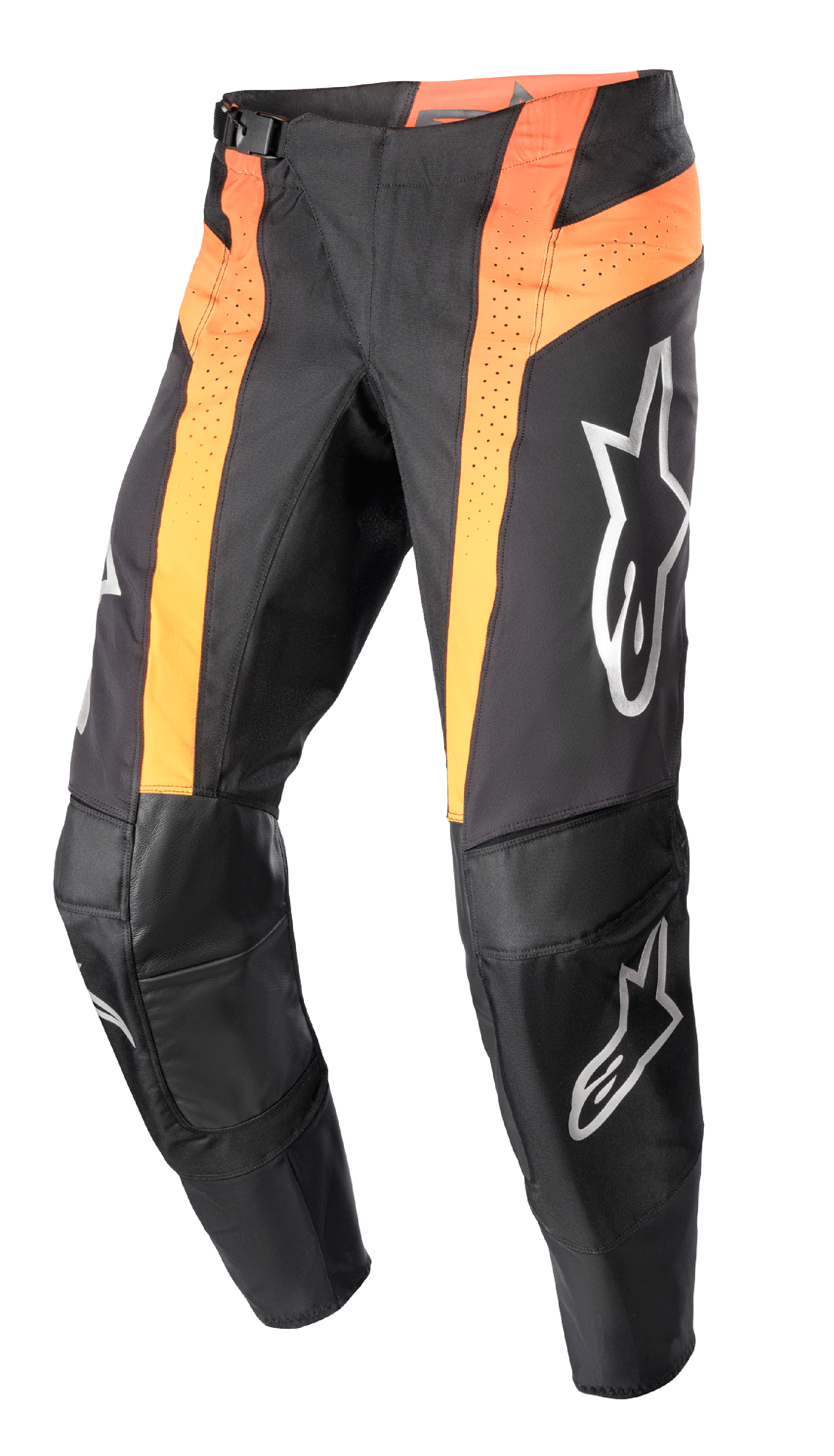 Alpinestars 2023 Techstar Sein bukser, motocross-bukser, sort og Hot Orange, med vertikale orange paneler med perforeret ventilation, forstærkede knæområder i læder, sølvlogoer på lår og skinneben samt et race-fit design.