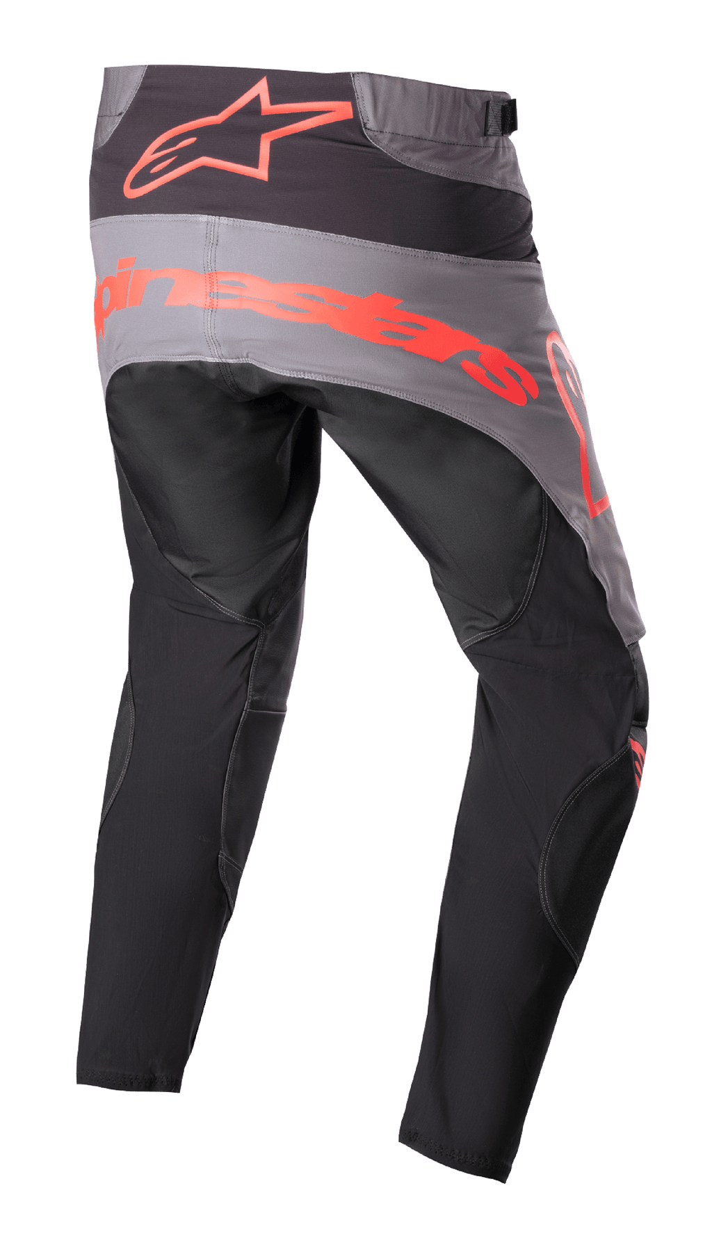 Alpinestars 2023 Techstar Sein bukser, motocross-bukser, sort og neonrød, set bagfra med et gråt sædepanel med stort neonrødt logo, ergonomiske forbøjede ben og slidstærk tekstilkonstruktion til off-road-ydeevne