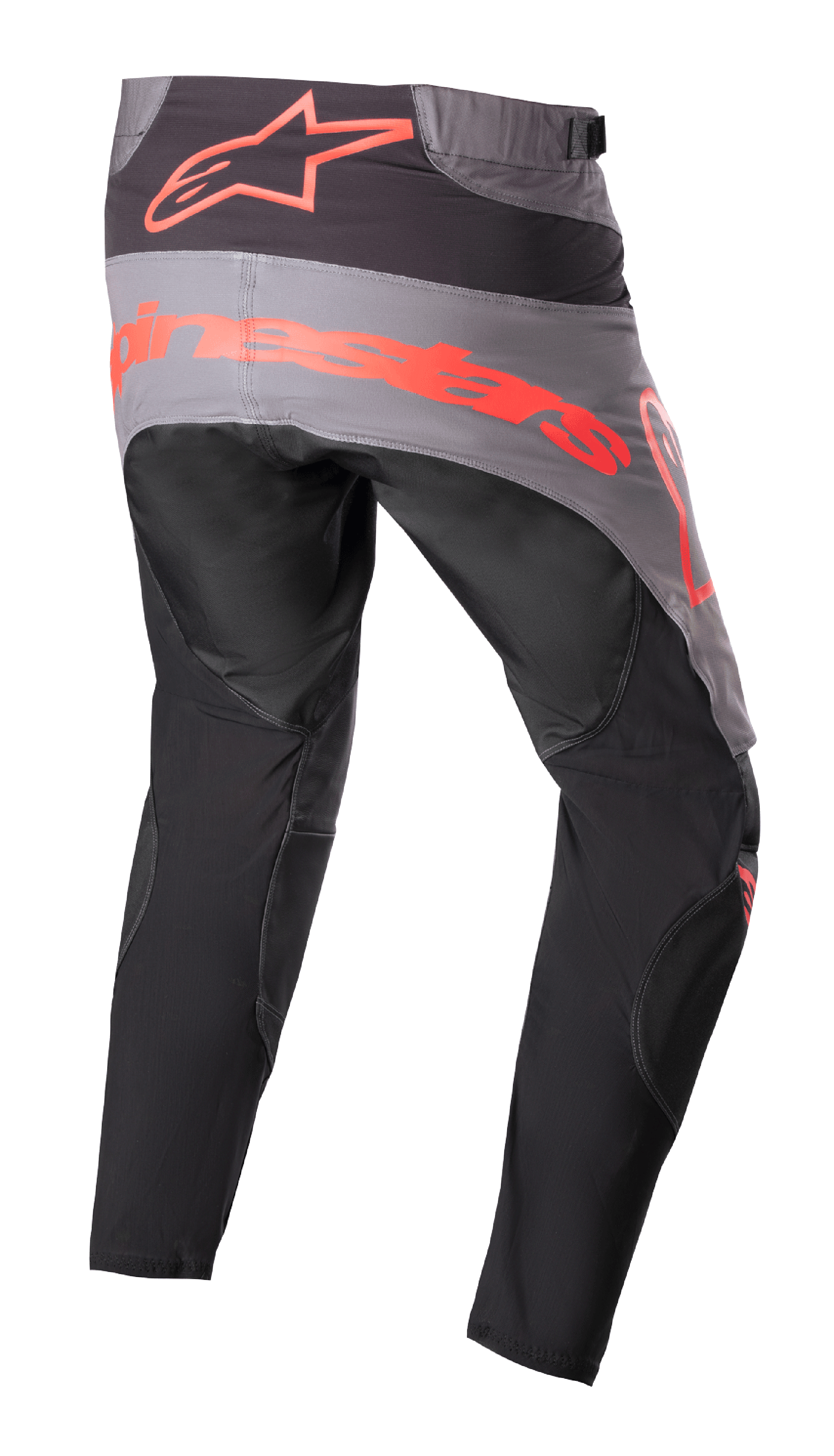 Alpinestars 2023 Techstar Sein bukser, motocross-bukser, sort og neonrød, set bagfra med et gråt sædepanel med stort neonrødt logo, ergonomiske forbøjede ben og slidstærk tekstilkonstruktion til off-road-ydeevne
