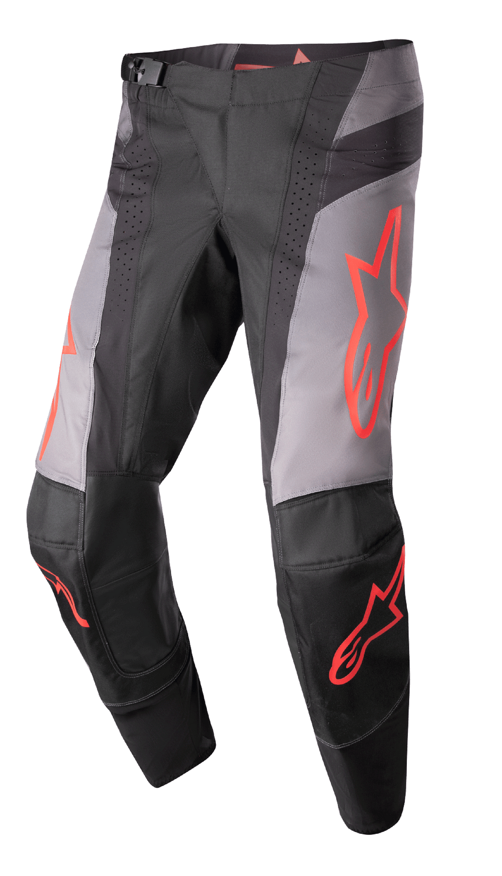 Alpinestars 2023 Techstar Sein bukser, motocross-racerbukser, sort og grå med neonrøde stjernegrafikker, perforerede ventilationszoner, magnetisk taljespænde og forstærket 3D Babel-knækonstruktion til off-road kørsel