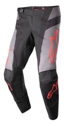 Alpinestars 2023 Techstar Sein bukser, motocross-racerbukser, sort og grå med neonrøde stjernegrafikker, perforerede ventilationszoner, magnetisk taljespænde og forstærket 3D Babel-knækonstruktion til off-road kørsel