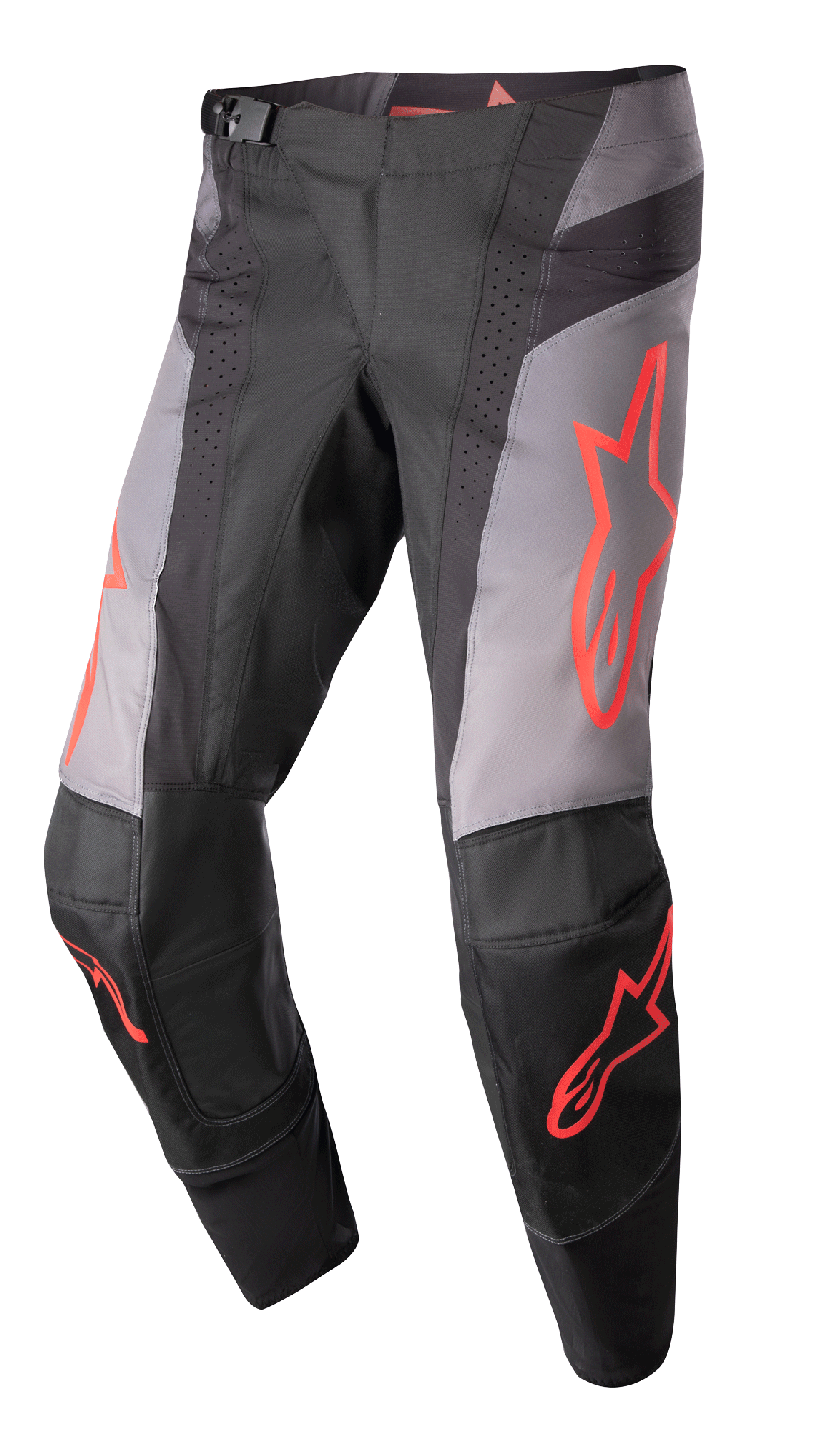 Alpinestars 2023 Techstar Sein bukser, motocross-racerbukser, sort og grå med neonrøde stjernegrafikker, perforerede ventilationszoner, magnetisk taljespænde og forstærket 3D Babel-knækonstruktion til off-road kørsel