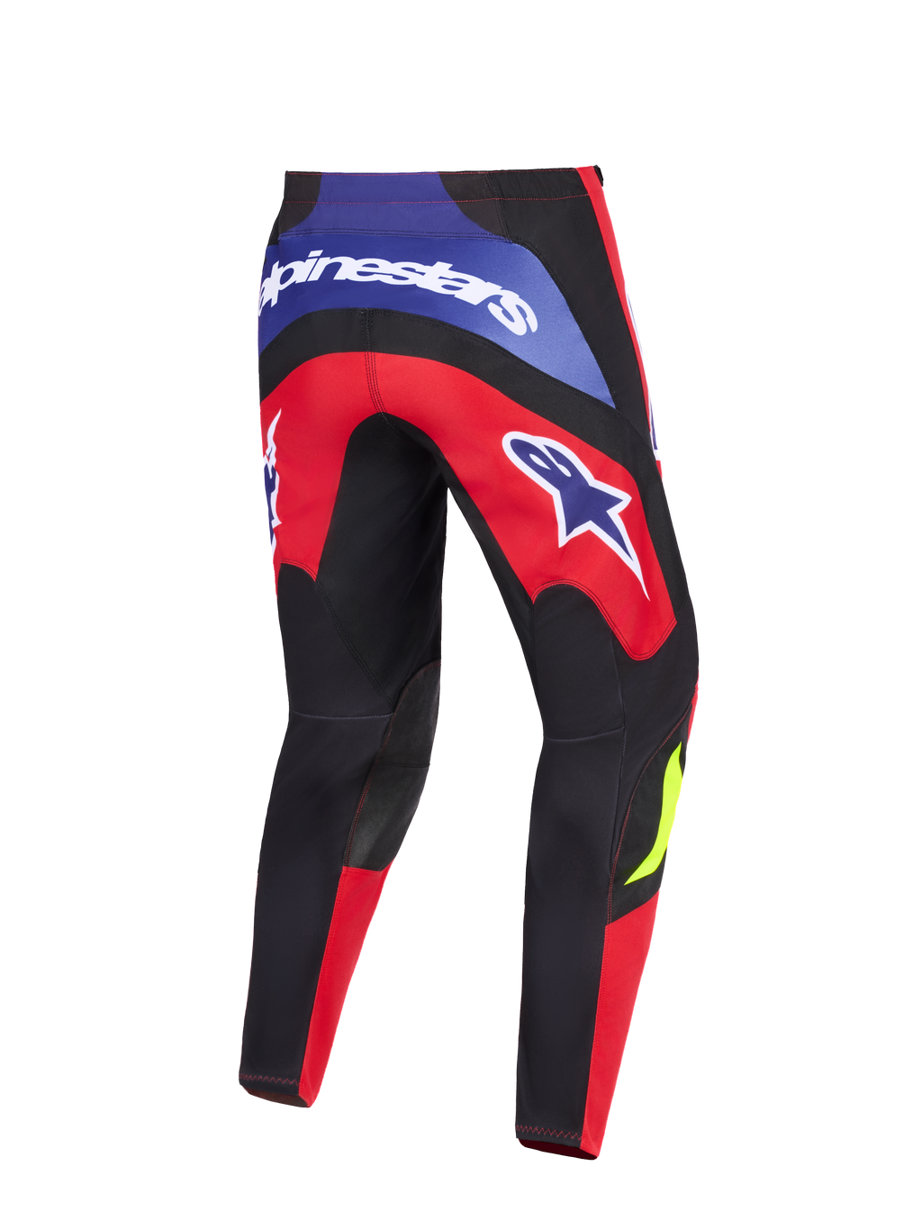 Alpinestars 2026 Fluid Grid bukser, motocrossbukser, rød, sort og lilla, set bagfra med tydelig Alpinestars-branding på bagstykket og lårene, forstærkede sorte knæpaneler og ergonomisk sport-fit design til off-road kørsel