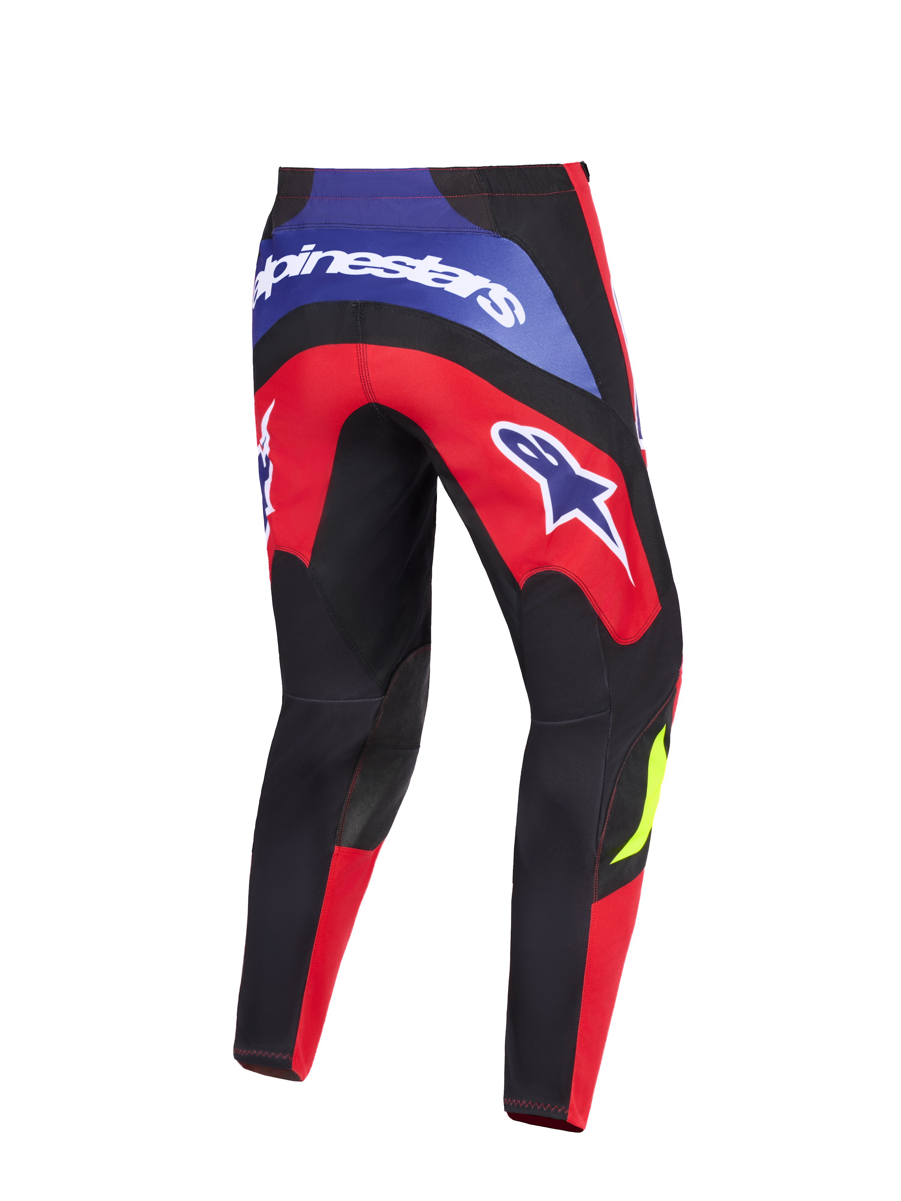 Alpinestars 2026 Fluid Grid bukser, motocrossbukser, rød, sort og lilla, set bagfra med tydelig Alpinestars-branding på bagstykket og lårene, forstærkede sorte knæpaneler og ergonomisk sport-fit design til off-road kørsel