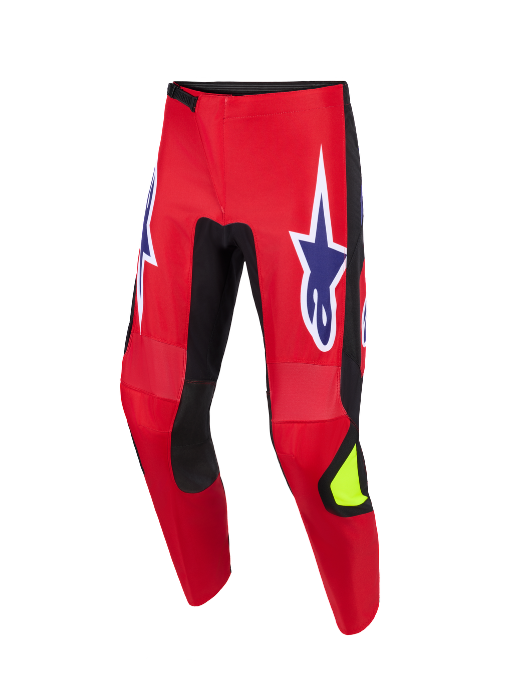 Alpinestars 2026 Fluid Grid bukser, motocross-bukser, rød, sort og lilla, med store lilla stjernelogoer med hvide omrids på lårene, sorte strækpaneler på indersiden af benene, neongul detalje på skinnebenet, holdbar polystof-konstruktion til off-road kørsel