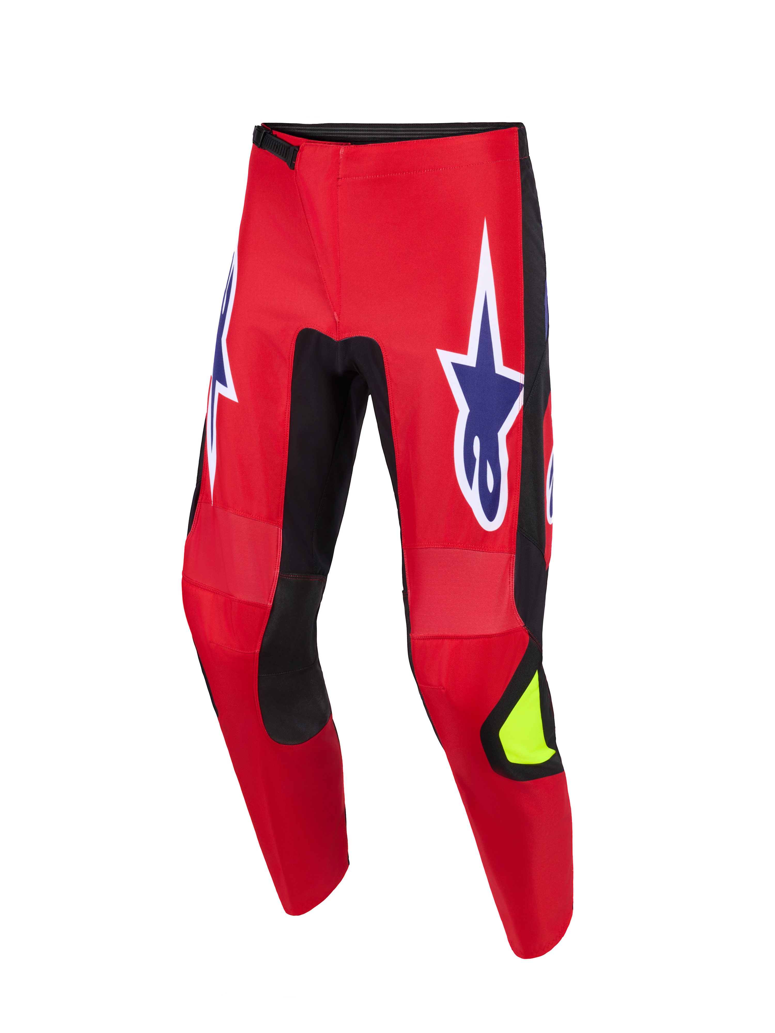 Alpinestars 2026 Fluid Grid bukser, motocross-bukser, rød, sort og lilla, med store lilla stjernelogoer med hvide omrids på lårene, sorte strækpaneler på indersiden af benene, neongul detalje på skinnebenet, holdbar polystof-konstruktion til off-road kørsel