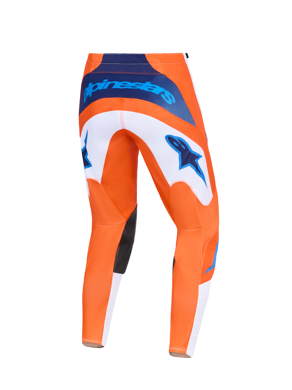 Alpinestars 2026 Fluid Grid bukser, motocross-bukser, orange og UCLA blå, set bagfra med hvide paneler med blå stjernelogoer, marineblå branding i taljen og sorte indvendige knæpaneler, slidstærkt design til terrænkørsel