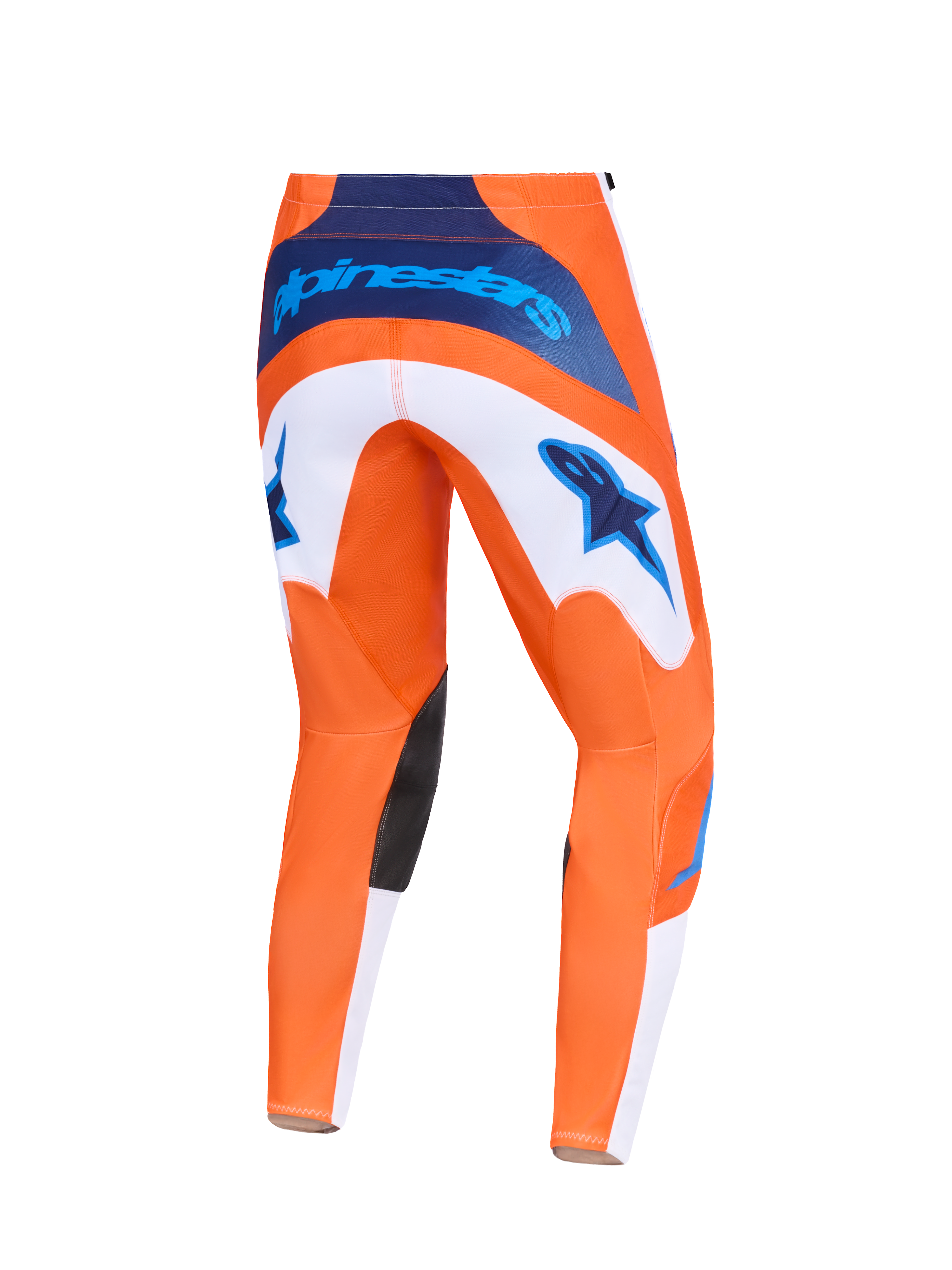 Alpinestars 2026 Fluid Grid bukser, motocross-bukser, orange og UCLA blå, set bagfra med hvide paneler med blå stjernelogoer, marineblå branding i taljen og sorte indvendige knæpaneler, slidstærkt design til terrænkørsel
