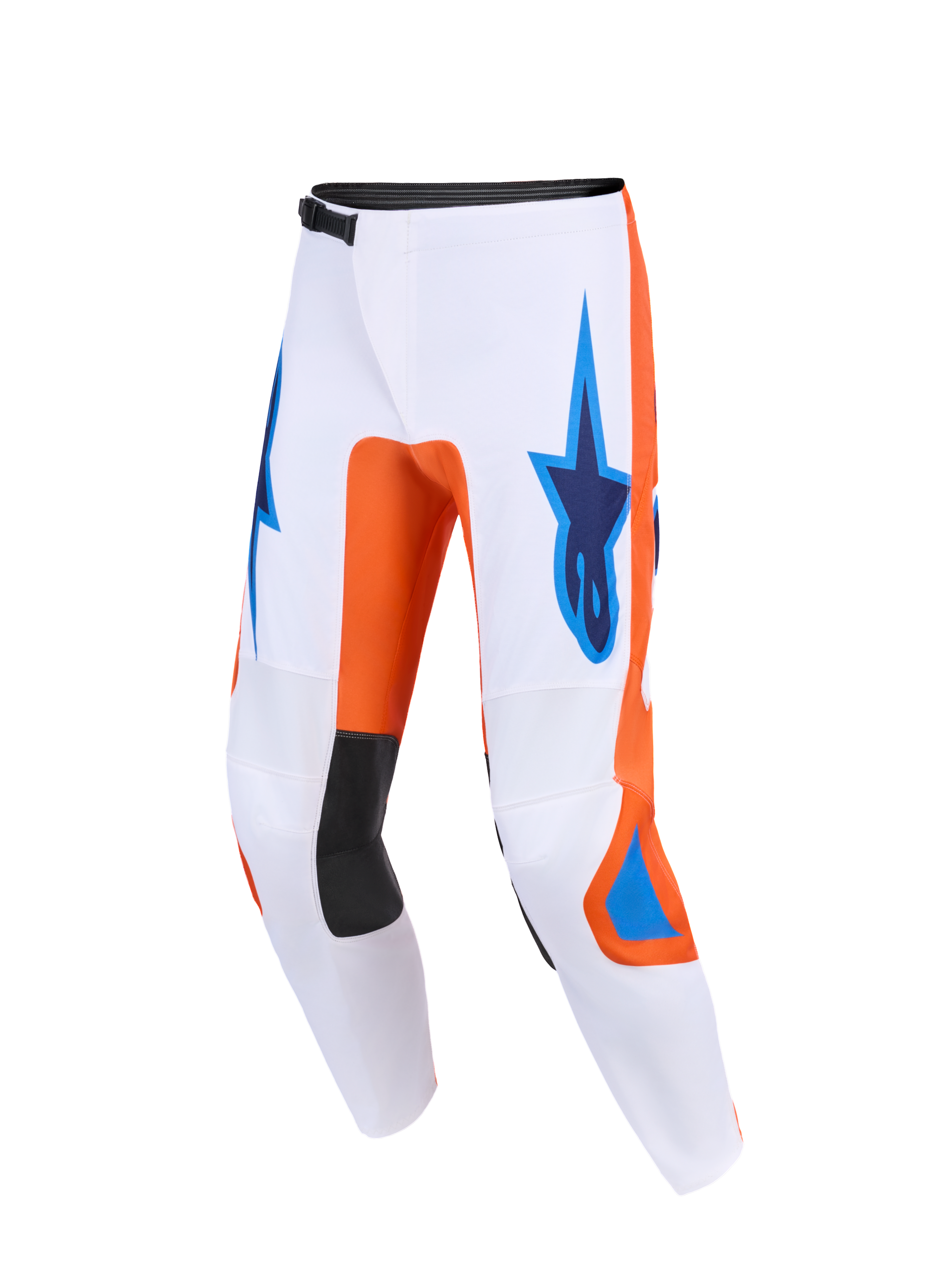 Alpinestars 2026 Fluid Grid bukser, motocross-bukser, hvid med orange og UCLA Blue detaljer, med blå Astars-logoer på lårene, sorte indvendige knæpaneler og et teknisk ergonomisk design til off-road performance.