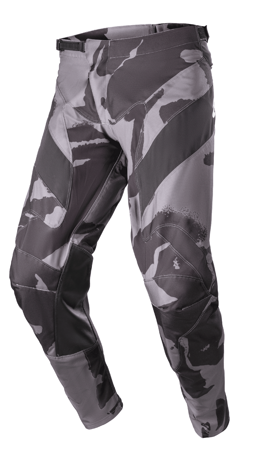 Alpinestars 2023 Racer Tactical bukser, motocross terrænbukser, Iron Camo grå og sort camouflage, læderforstærkede paneler på indersiden af benene, spændejustering i taljen, holdbar 600D poly-tekstilkonstruktion
