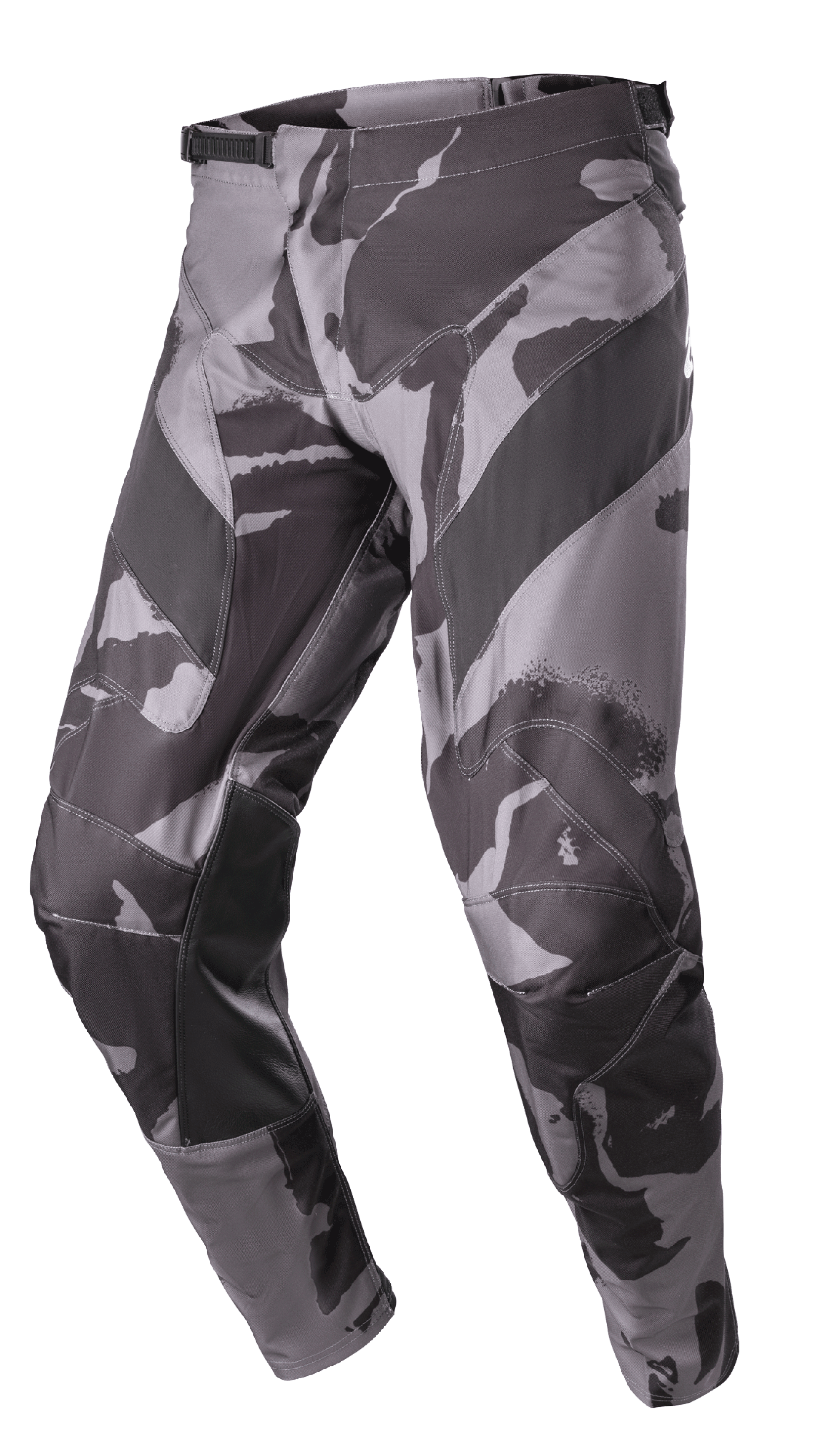 Alpinestars 2023 Racer Tactical bukser, motocross terrænbukser, Iron Camo grå og sort camouflage, læderforstærkede paneler på indersiden af benene, spændejustering i taljen, holdbar 600D poly-tekstilkonstruktion