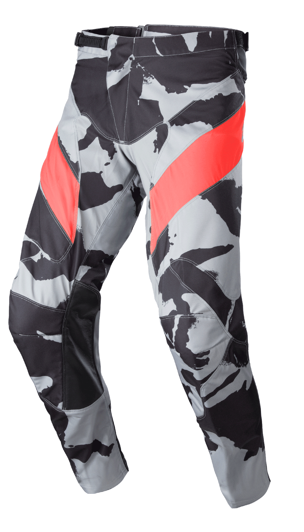 Alpinestars 2023 Racer Tactical bukser, motocross- og off-road-bukser, Cast Gray Camo og sort mønster med diagonale Mars Red accenter, læderforstærkede paneler på indersiden af benene, skraldelukning i taljen, ergonomisk forudbøjet design til off-road kørsel